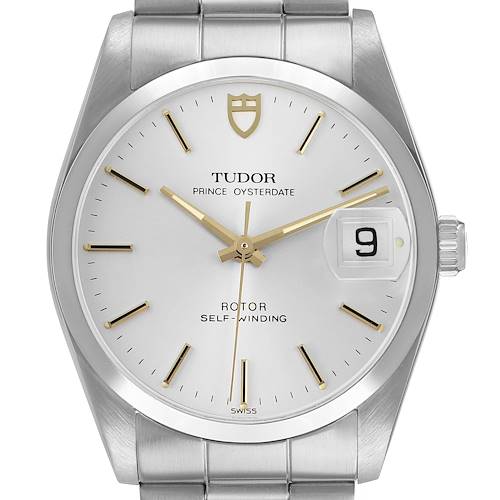 The Tudor Prince 74000 Men's Stainless Steel Silver Dial watch is shown from the front, displaying its dial, hands, date window, and part of the bracelet.
