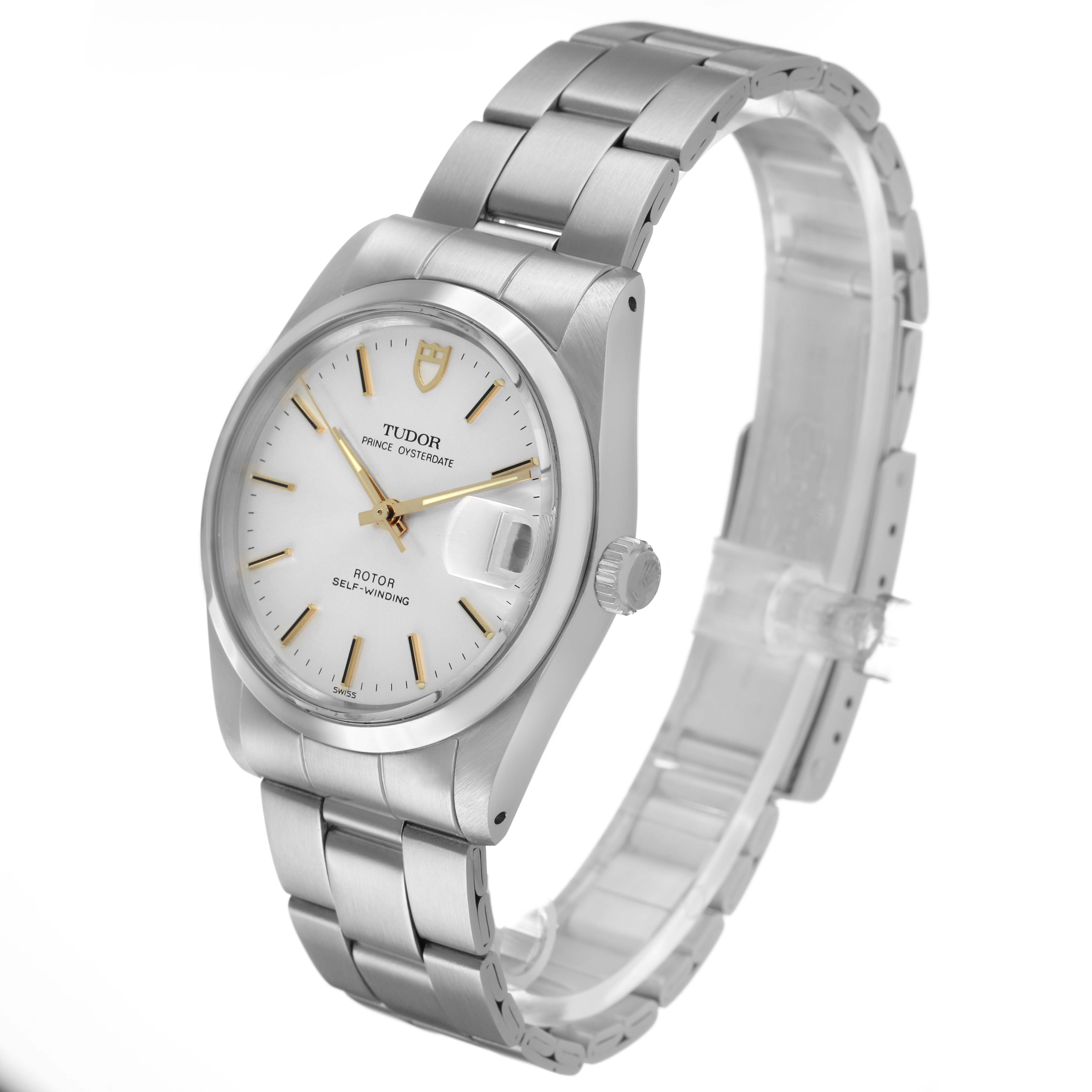 The Tudor Prince 74000 Men's Stainless Steel Silver Dial watch is shown from a three-quarter angle, highlighting the dial, bracelet, and side crown.