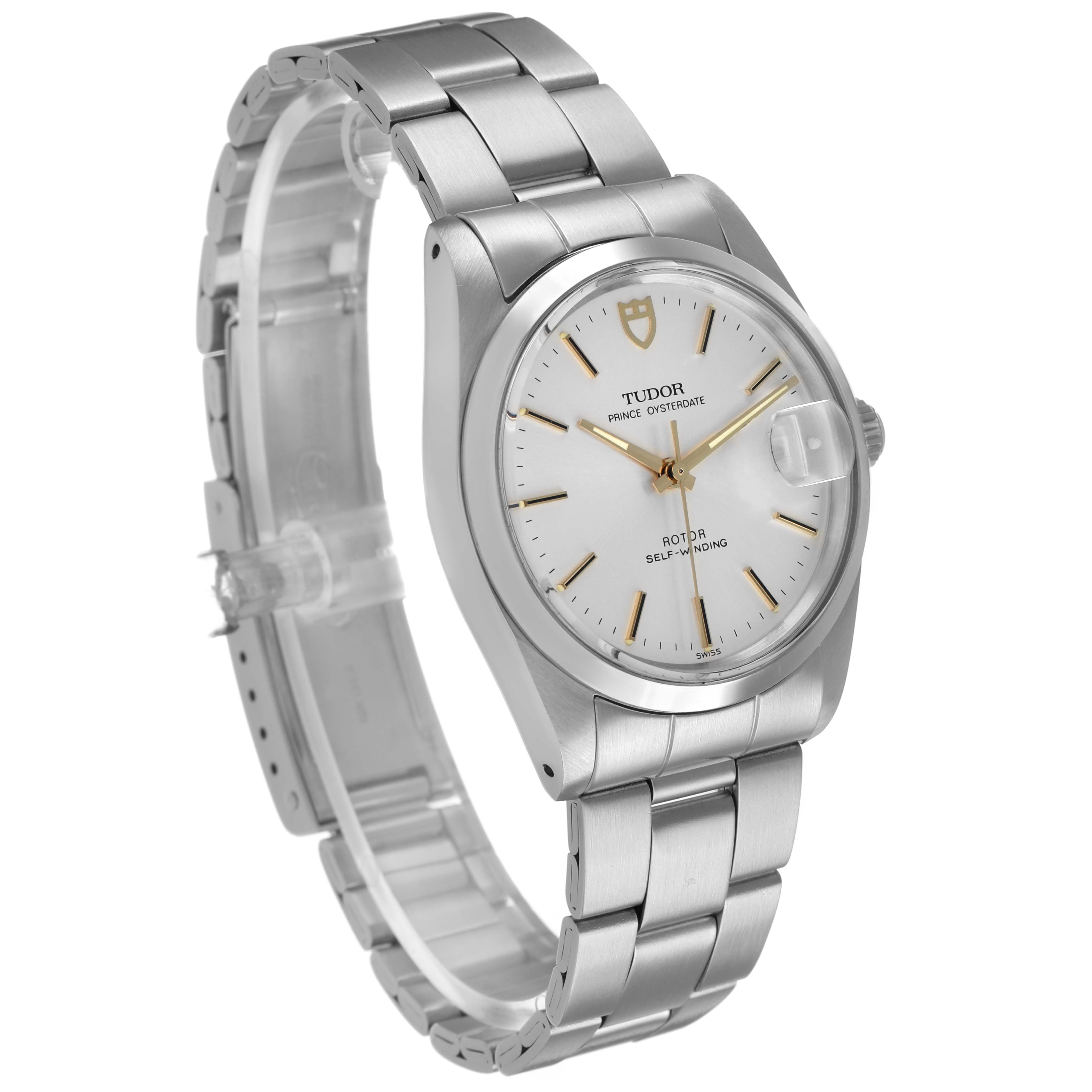 The Tudor Prince 74000 Men's Stainless Steel Silver Dial model is shown at a three-quarter angle, highlighting the watch face, bezel, and metal bracelet vividly.