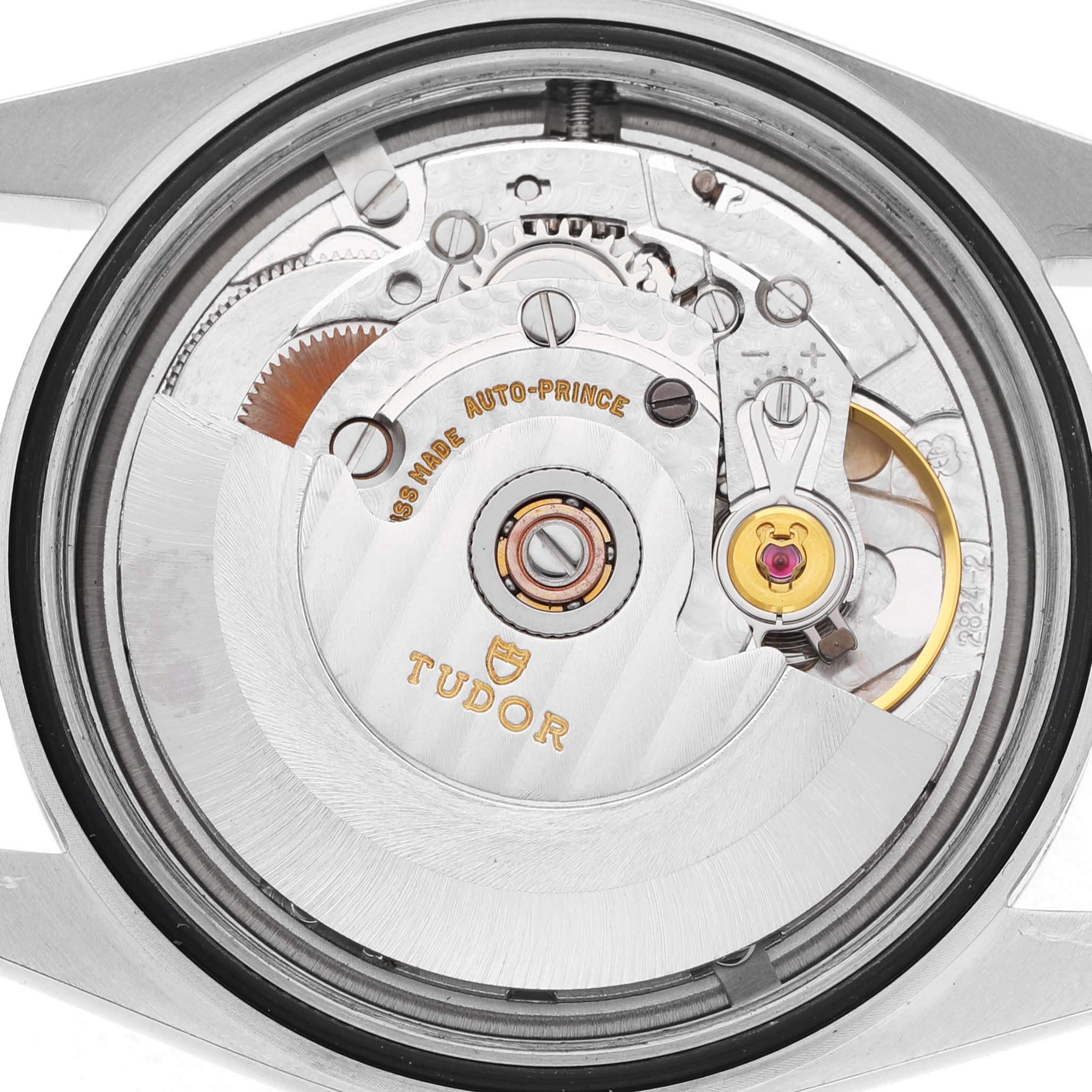 The image shows the internal movement of a Tudor Prince 74000 Men's Stainless Steel Silver Dial watch from a top-down angle.
