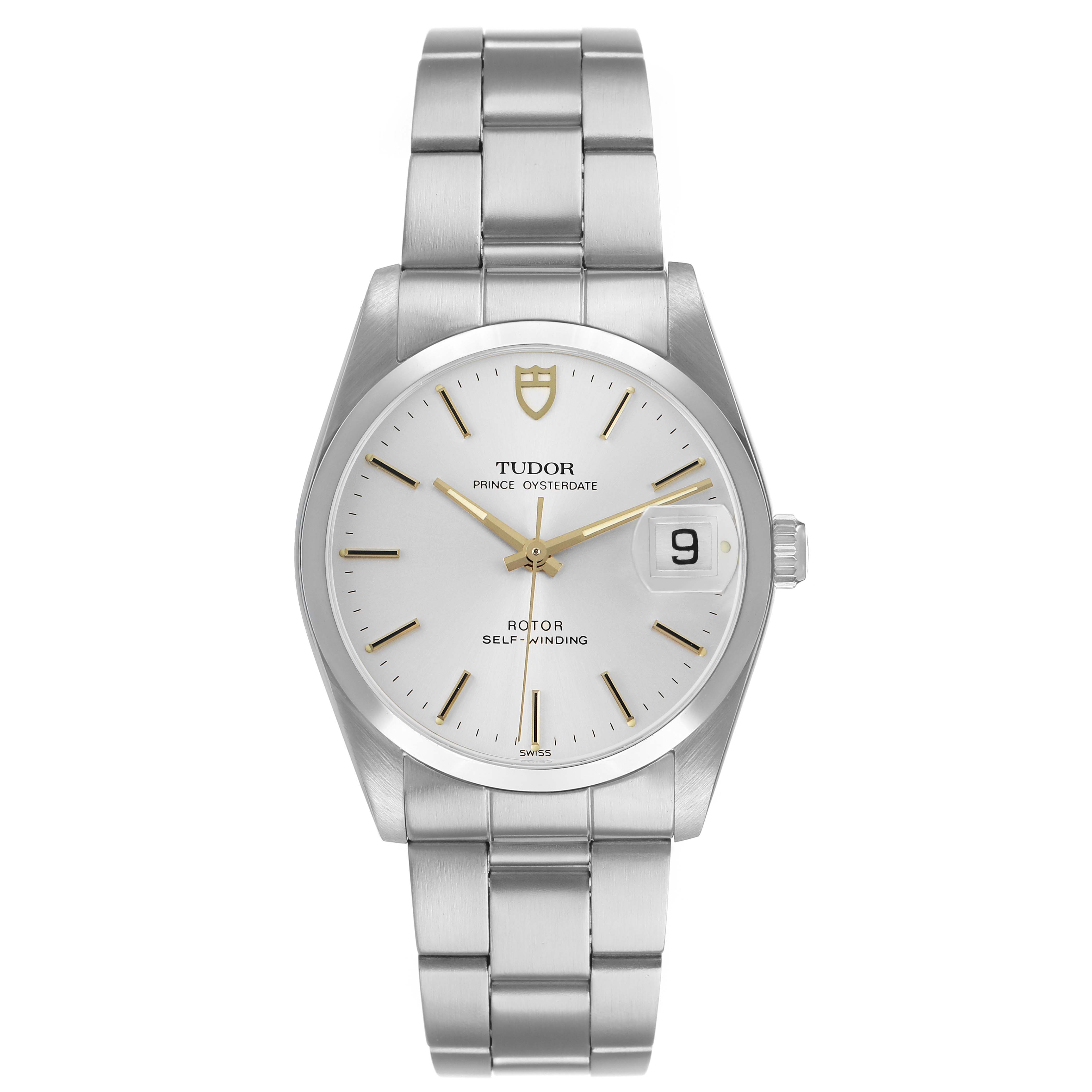 The Tudor Prince 74000 Men's Stainless Steel Silver Dial watch is shown from a front angle, displaying its dial, hands, markers, date window, and metal bracelet.