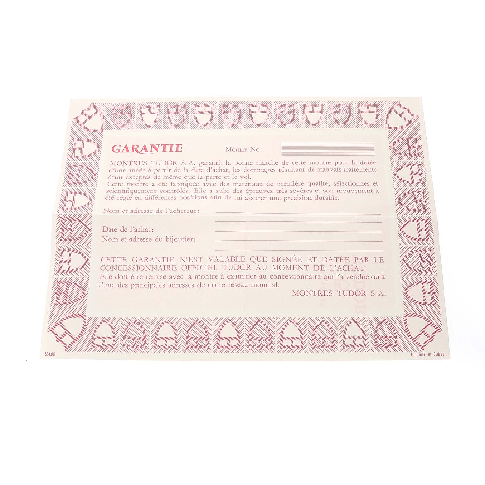 The image shows a warranty card for the Tudor Prince 74000 Men's Stainless Steel Silver Dial model, featuring text and decorative borders.