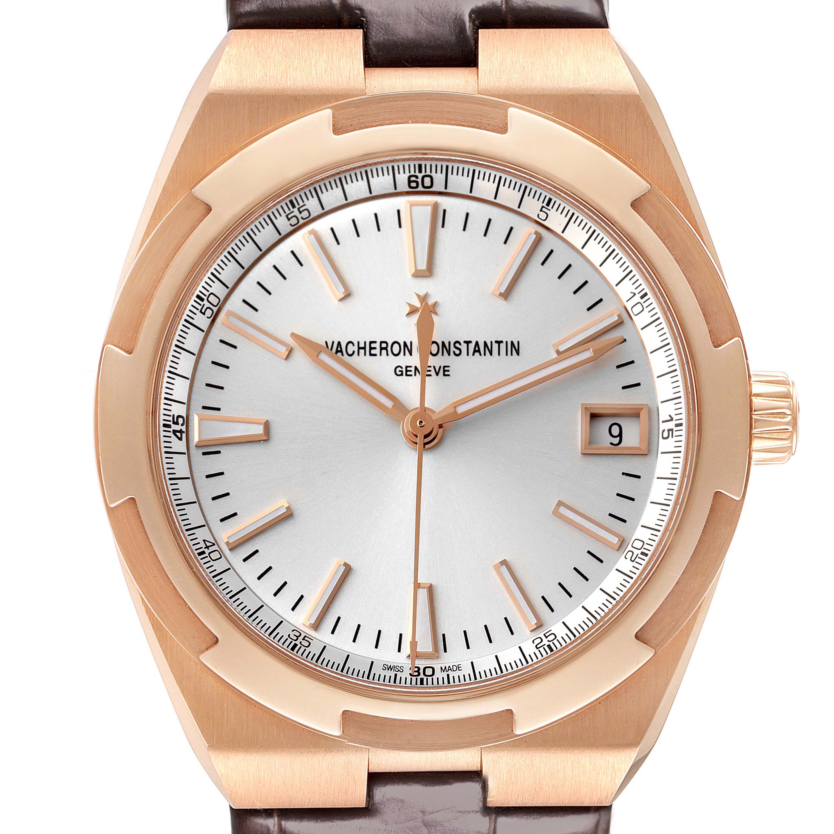 The Vacheron Constantin Overseas 4500V/000R-B127 Men's Rose Gold Silver Dial watch is shown from a front angle, highlighting the dial, case, crown, and part of the strap.