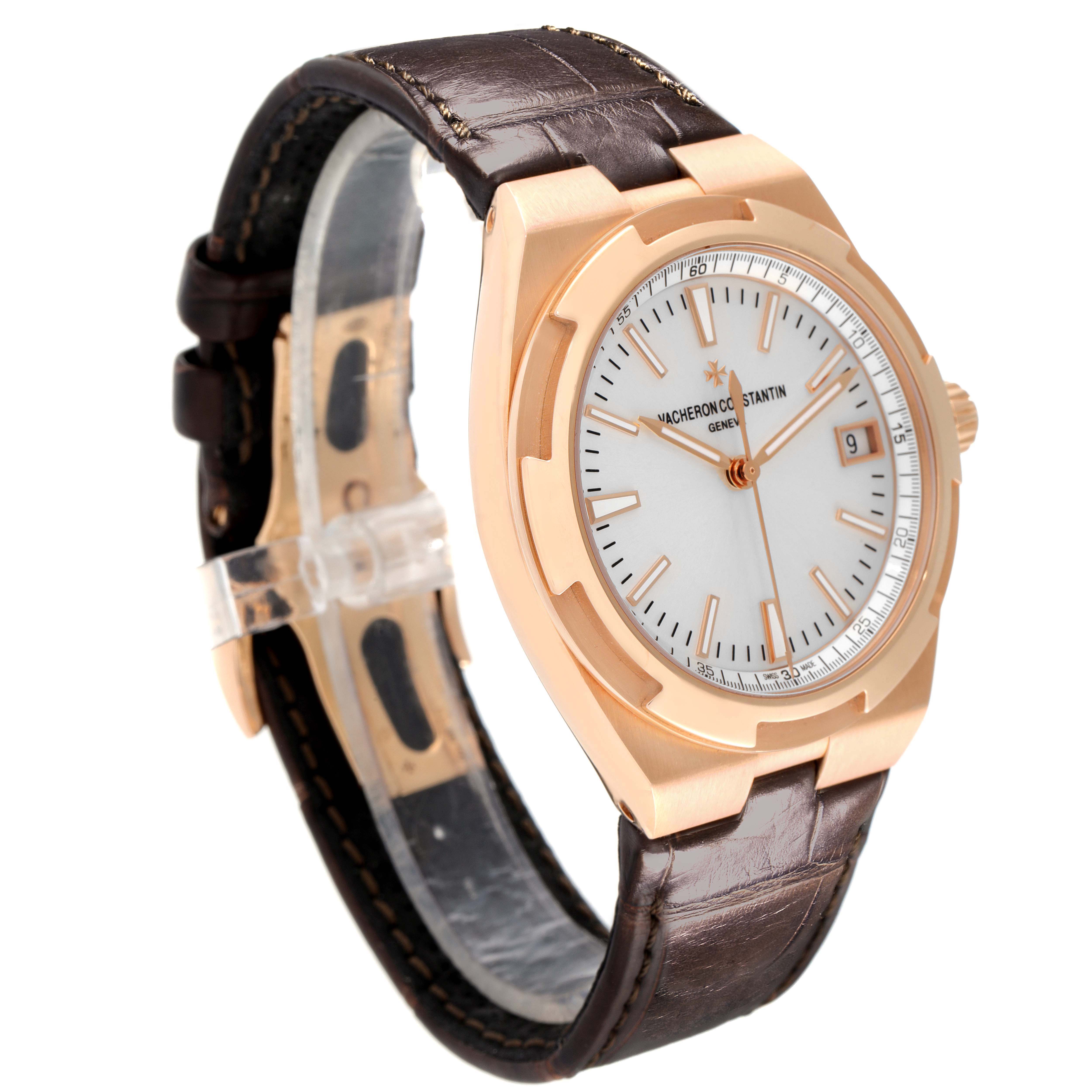 The Vacheron Constantin Overseas 4500V/000R-B127 Men's Rose Gold Silver Dial watch is shown at a three-quarter angle, highlighting the face, bezel, and leather strap.