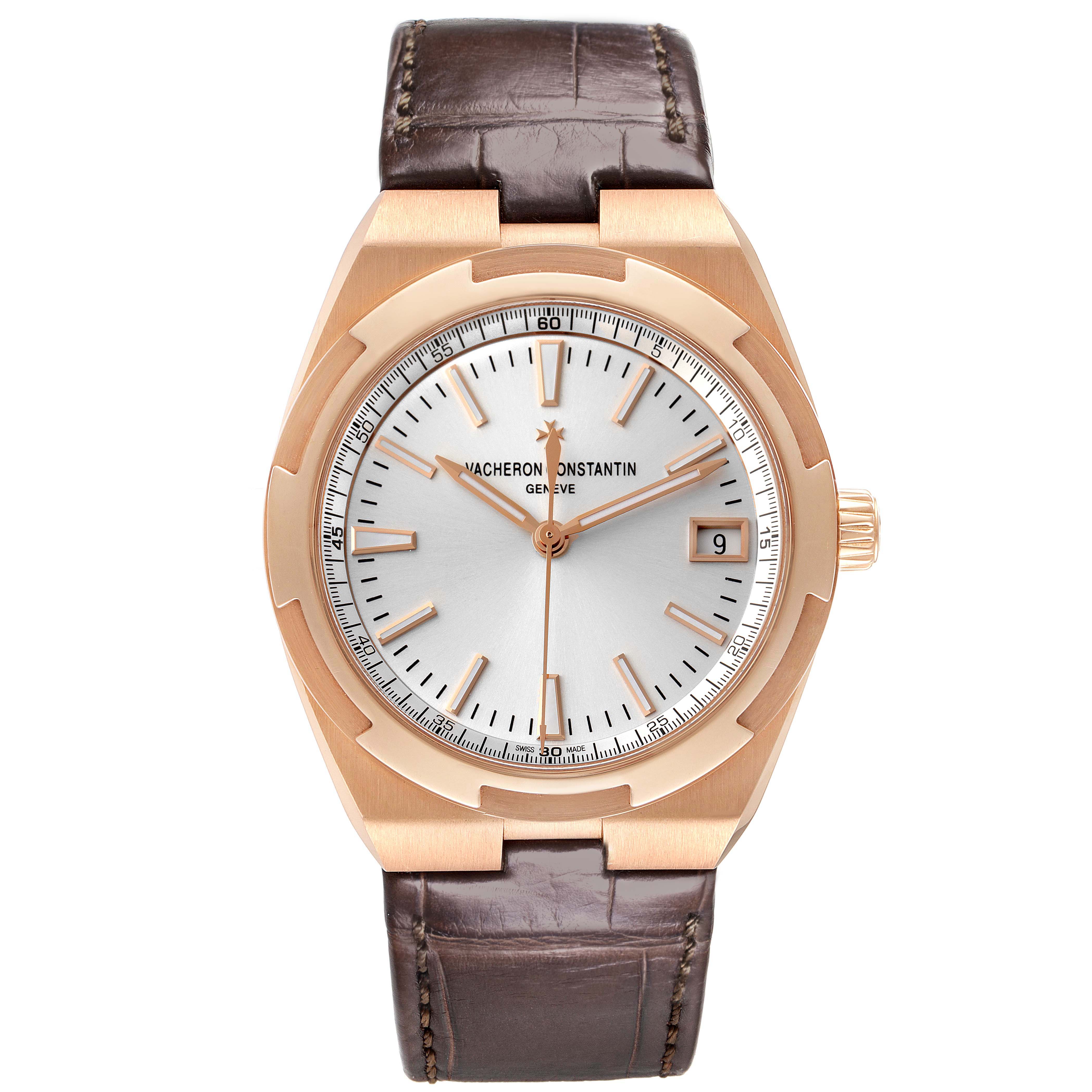 The Vacheron Constantin Overseas 4500V/000R-B127 Men's Rose Gold Silver Dial watch is shown from a top-down angle, displaying the dial, bezel, and leather strap.