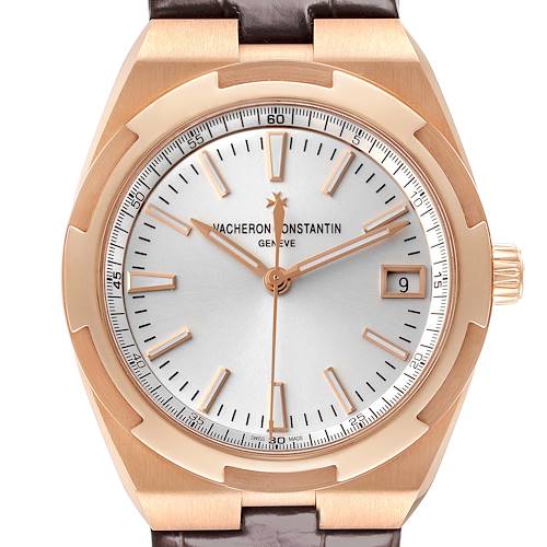The Vacheron Constantin Overseas 4500V/000R-B127 Men's Rose Gold Silver Dial watch is shown from a top-down angle, displaying the dial, bezel, crown, and part of the strap.