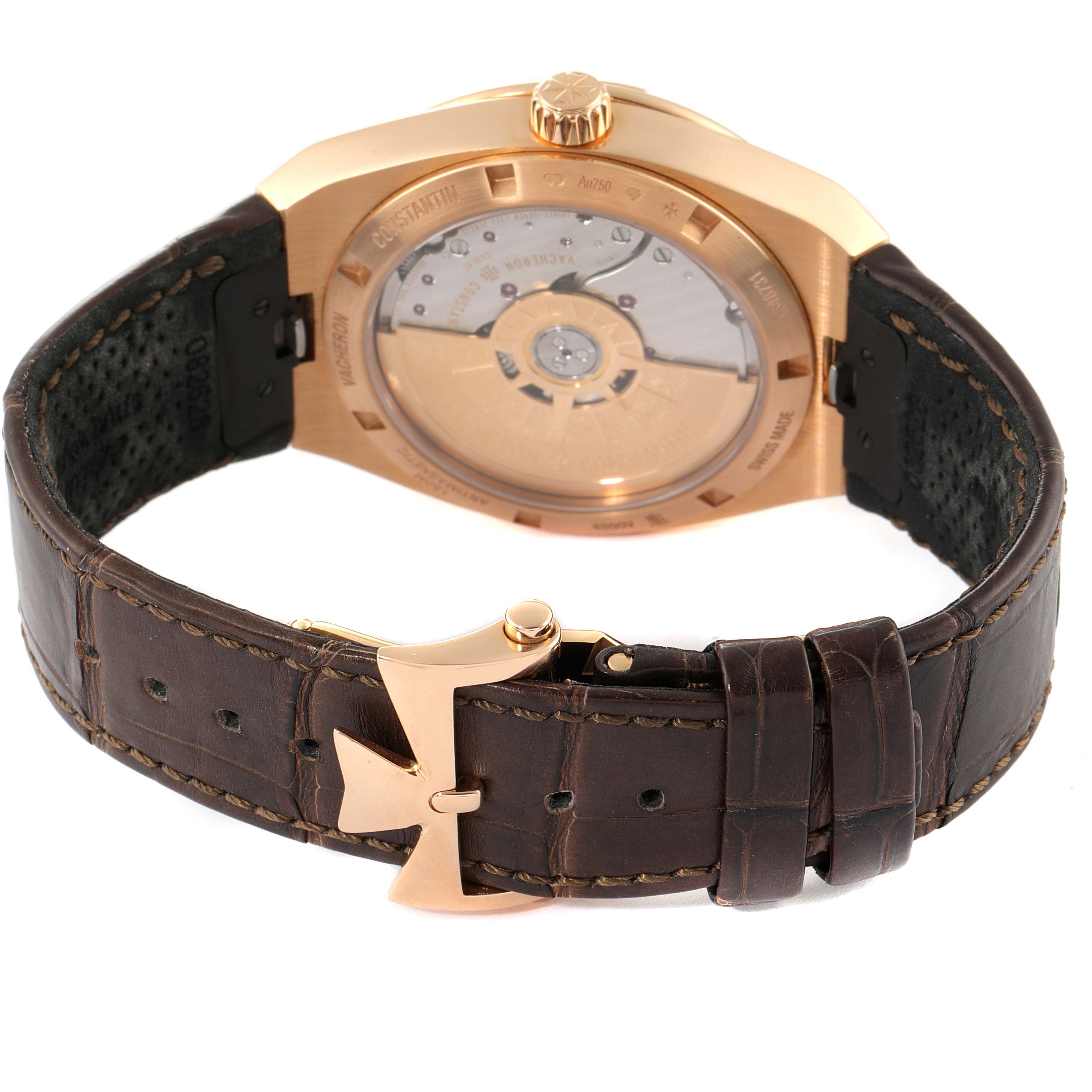 The image shows the back view of a Vacheron Constantin Overseas 4500V/000R-B127 Men's Rose Gold Silver Dial 4500V/000R-B127 Men's Rose Gold Silver Dial watch, highlighting its leather strap and transparent case back.