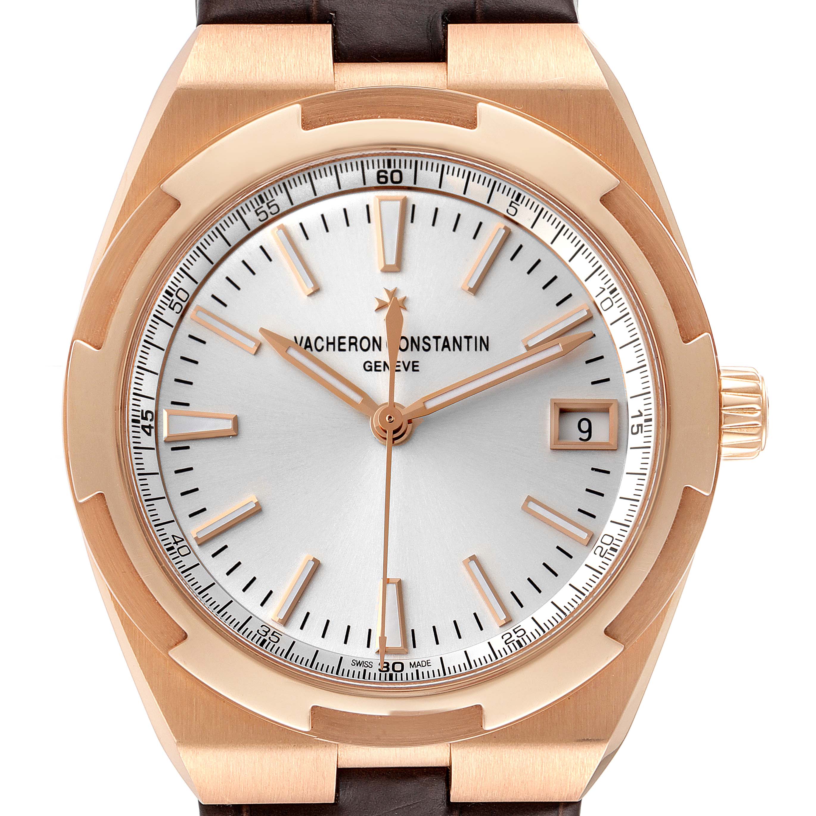 This image shows a frontal view of the Vacheron Constantin Overseas 4500V/000R-B127 Men's Rose Gold Silver Dial 4500V/000R-B127 Men's Rose Gold Silver Dial model watch, highlighting its dial, hands, markers, date display, and crown.