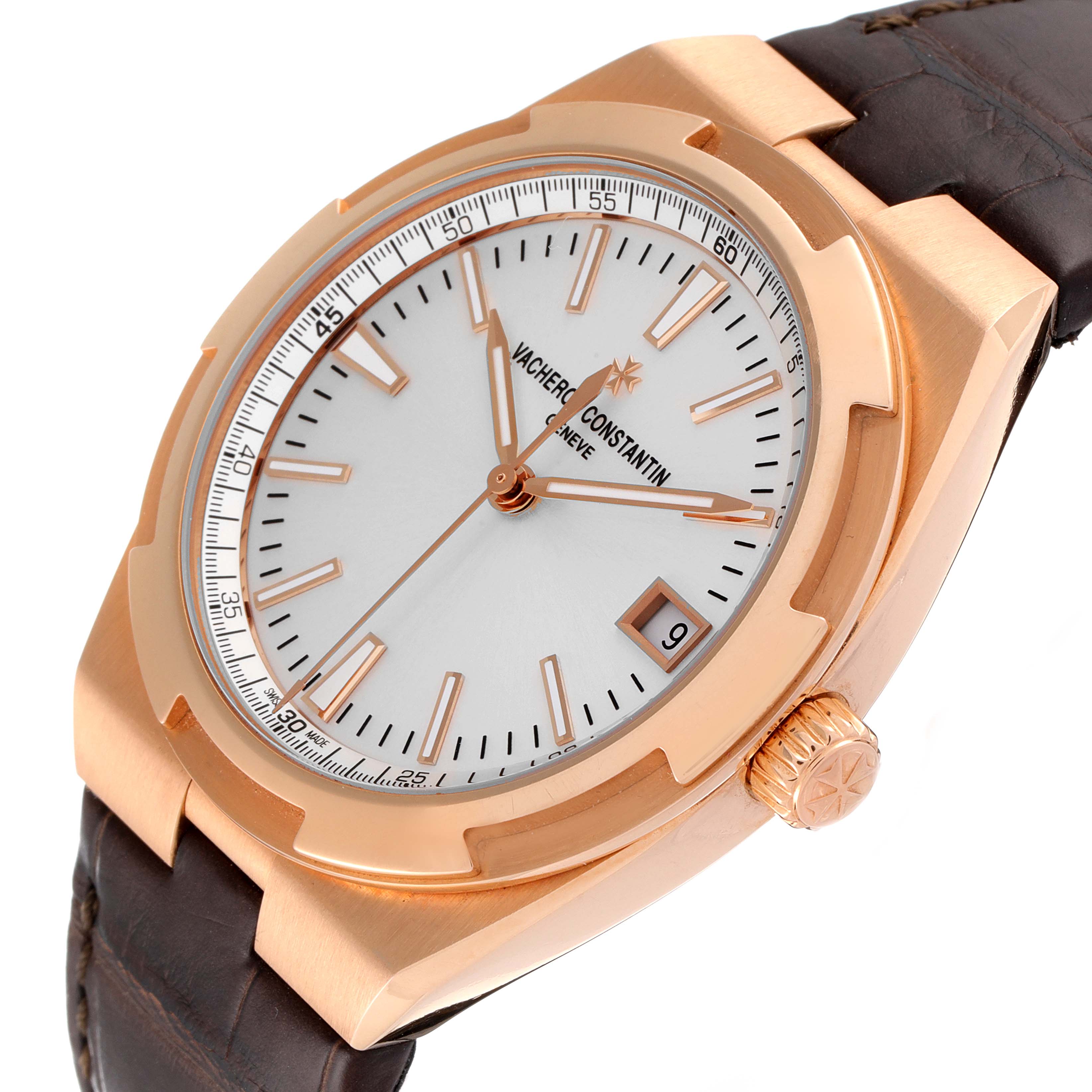The Vacheron Constantin Overseas 4500V/000R-B127 Men's Rose Gold Silver Dial 4500V/000R-B127 Men's Rose Gold Silver Dial watch is shown at an angle highlighting the dial, crown, case, and leather strap.