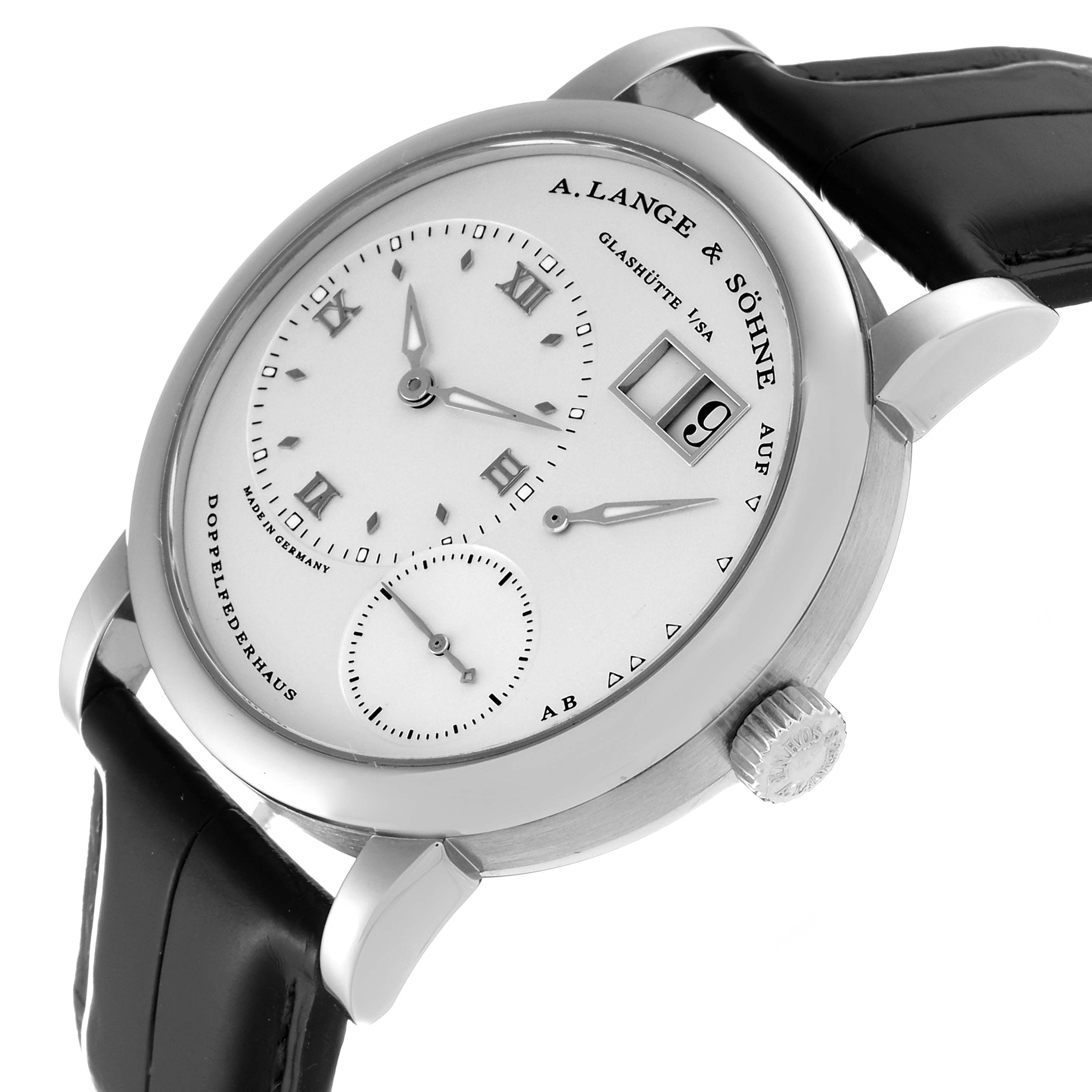 This image shows a side angle of the A. Lange & Sohne Lange 1 101.039 Men's White Gold Silver Dial watch, displaying the dial, crown, and leather strap.