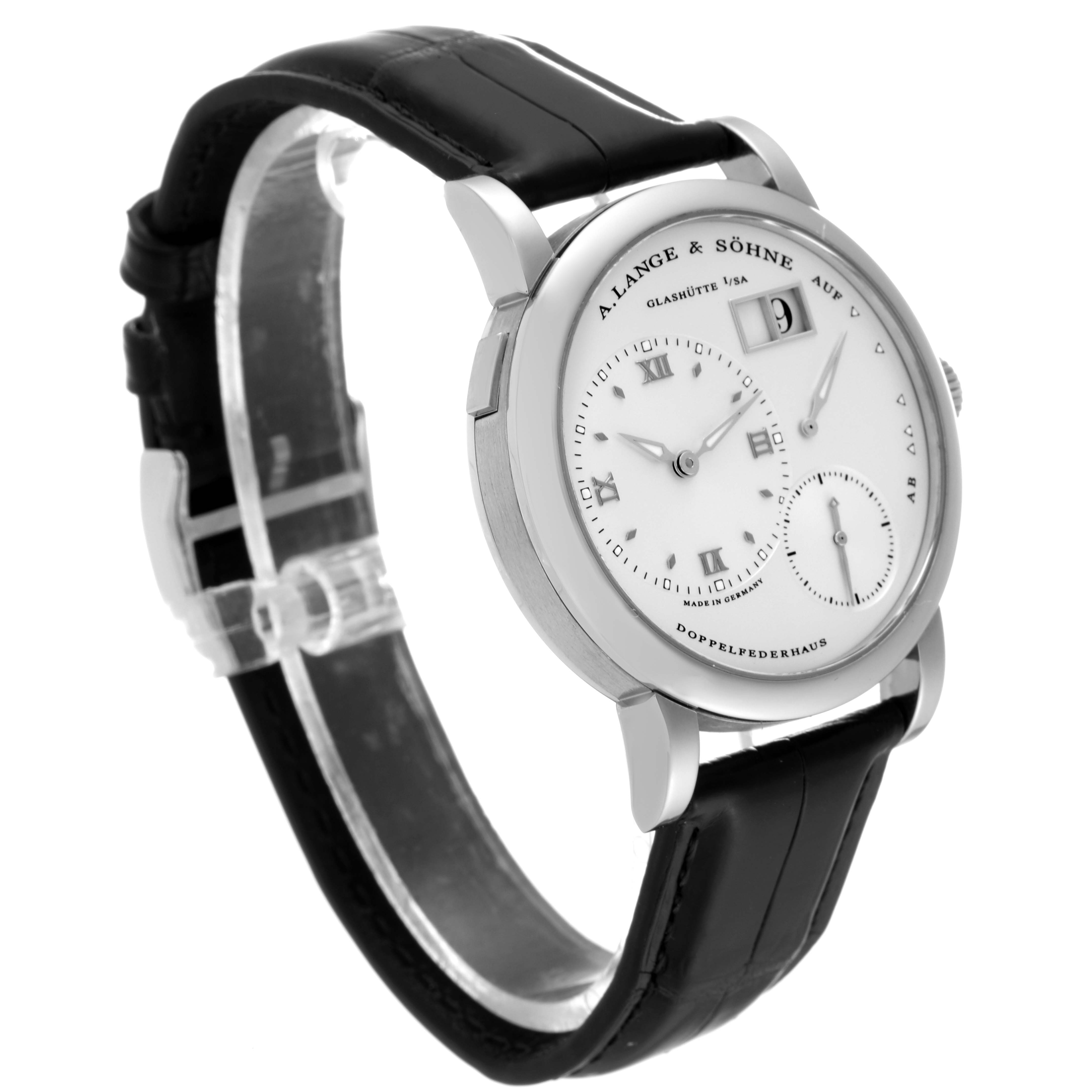 The Lange 1 model by A. Lange & Söhne is shown at a three-quarter angle, displaying its face, black leather strap, and side details.