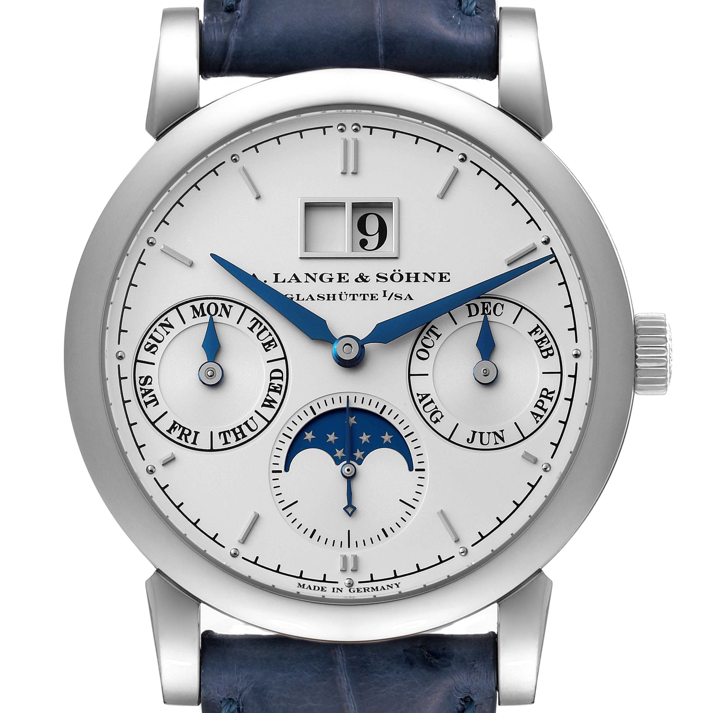 The image shows a front view of the A. Lange 
Sohne Saxonia 330.026 Men
s White Gold Silver Dial watch, highlighting the dial, hands, and sub-dials.