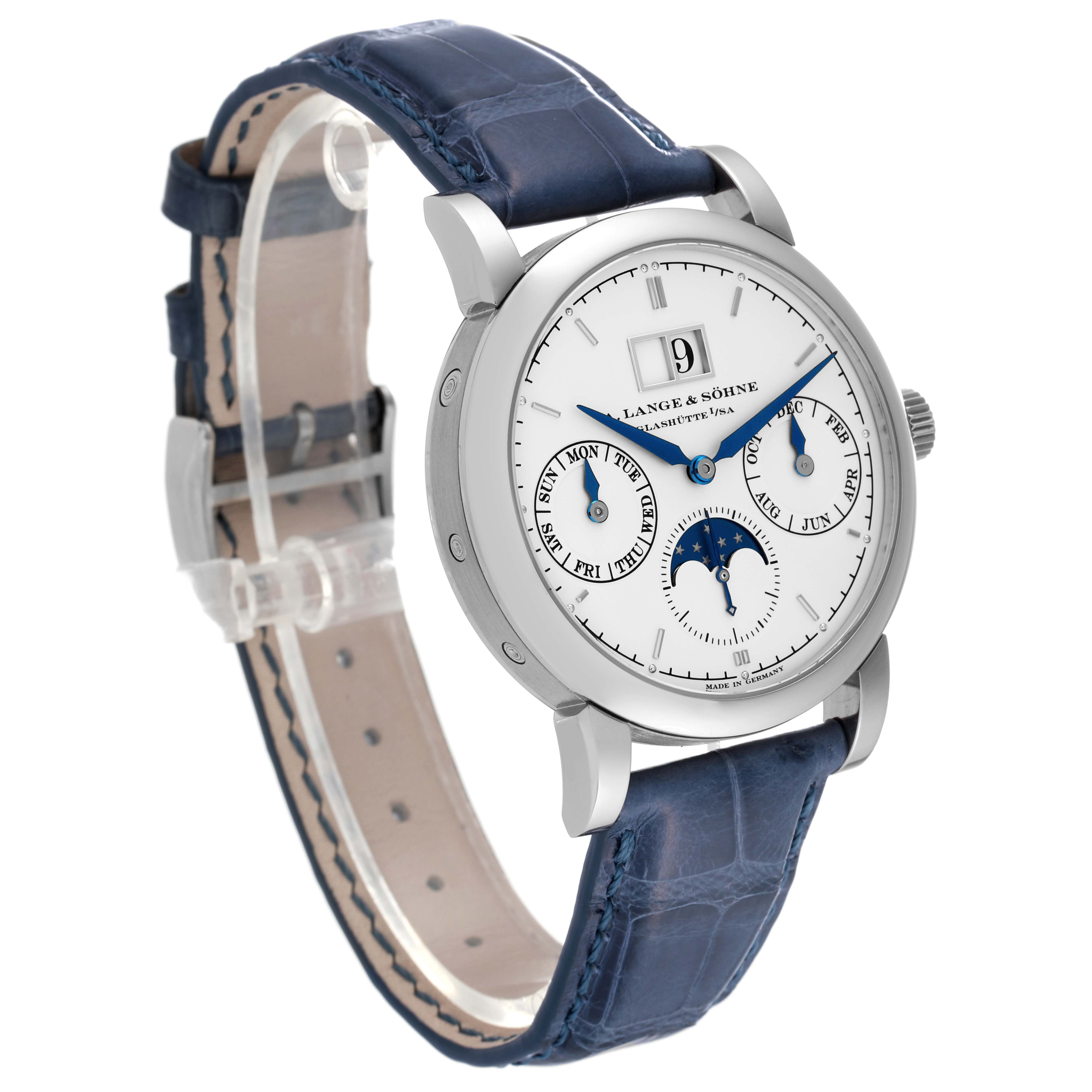 The image shows a side and partial front view of the A. Lange 
Sohne Saxonia 330.026 Men
s White Gold Silver Dial watch, highlighting its dial, case, and blue leather strap.