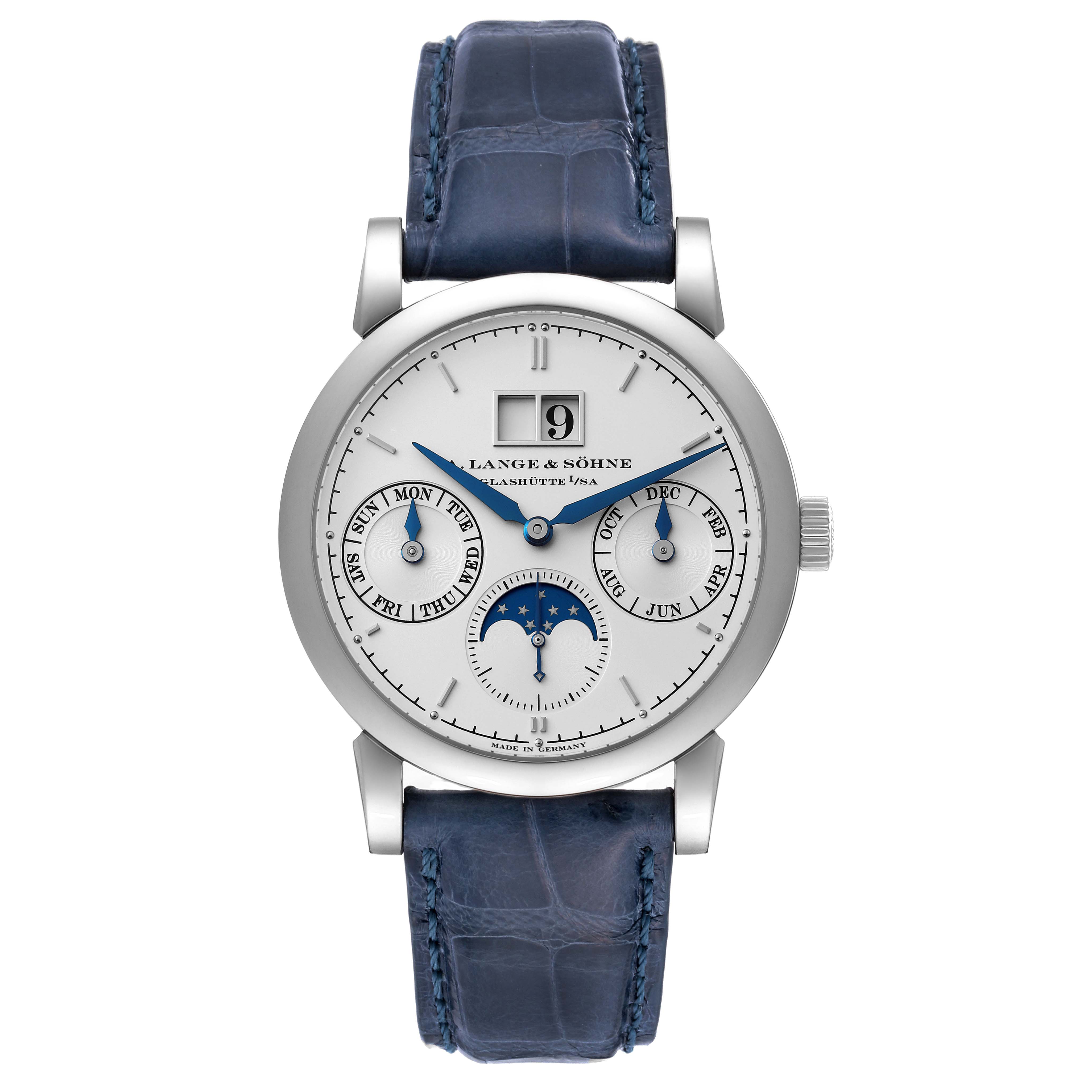 The image shows a frontal view of the A. Lange 
Sohne Saxonia 330.026 Men
s White Gold Silver Dial watch, highlighting its face, complications, and blue leather strap.