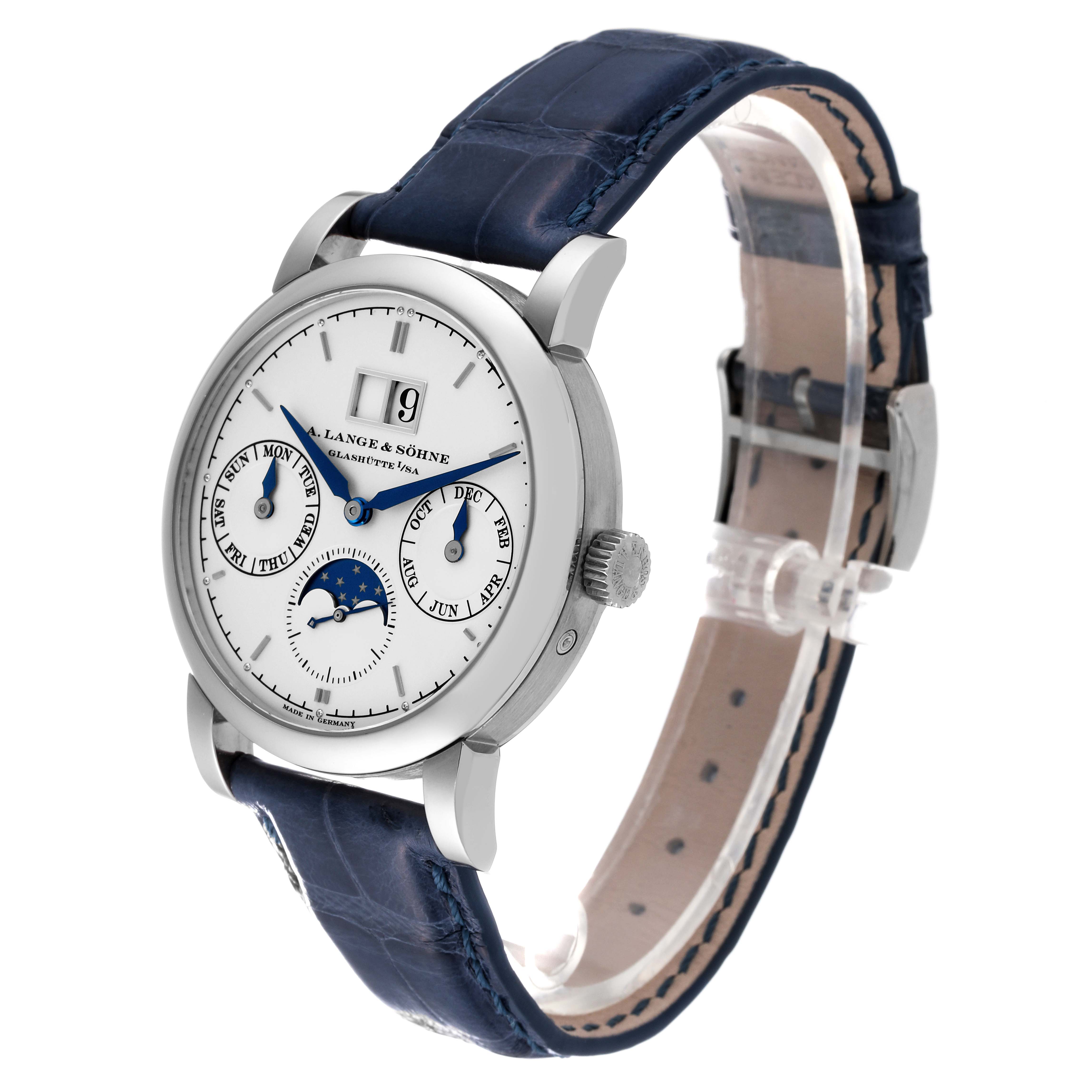 The image shows a side angle of the A. Lange 
Sohne Saxonia 330.026 Men
s White Gold Silver Dial watch, displaying the face, dial, strap, and crown.