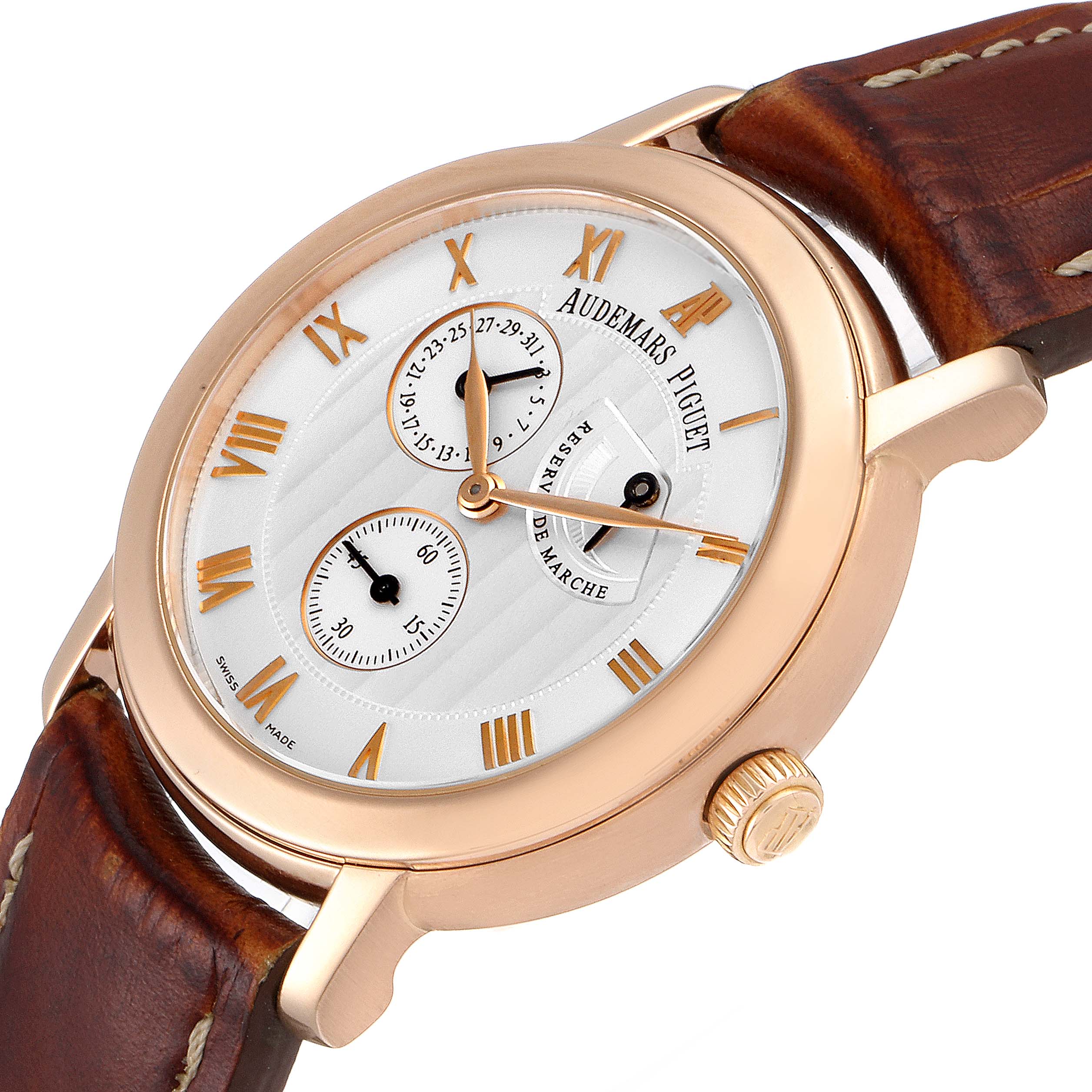 The image shows a close-up angle of the dial, case, and crown of the Audemars Piguet Jules 25955OR.OO.D002CR.01 Men's Rose Gold Silver Dial 25955OR.OO.D002CR.01 Men's Rose Gold Silver Dial model watch, with a brown leather strap.