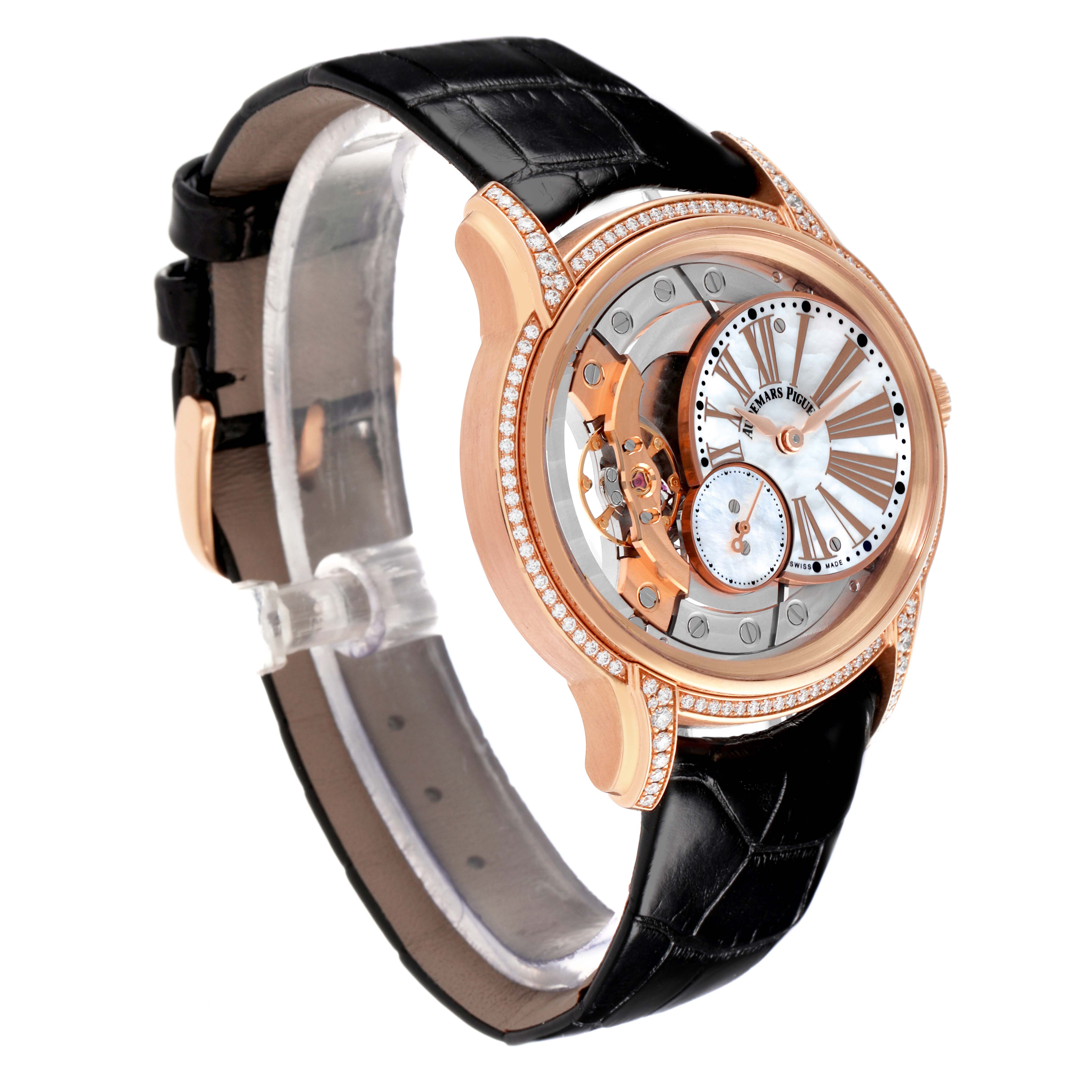 The Audemars Piguet Millenary 77247OR Women's Rose Gold Mother of Pearl Dial 77247OR Women's Rose Gold Mother of Pearl Dial watch is shown at an angled side view, displaying the dial, strap, and case with diamond accents.