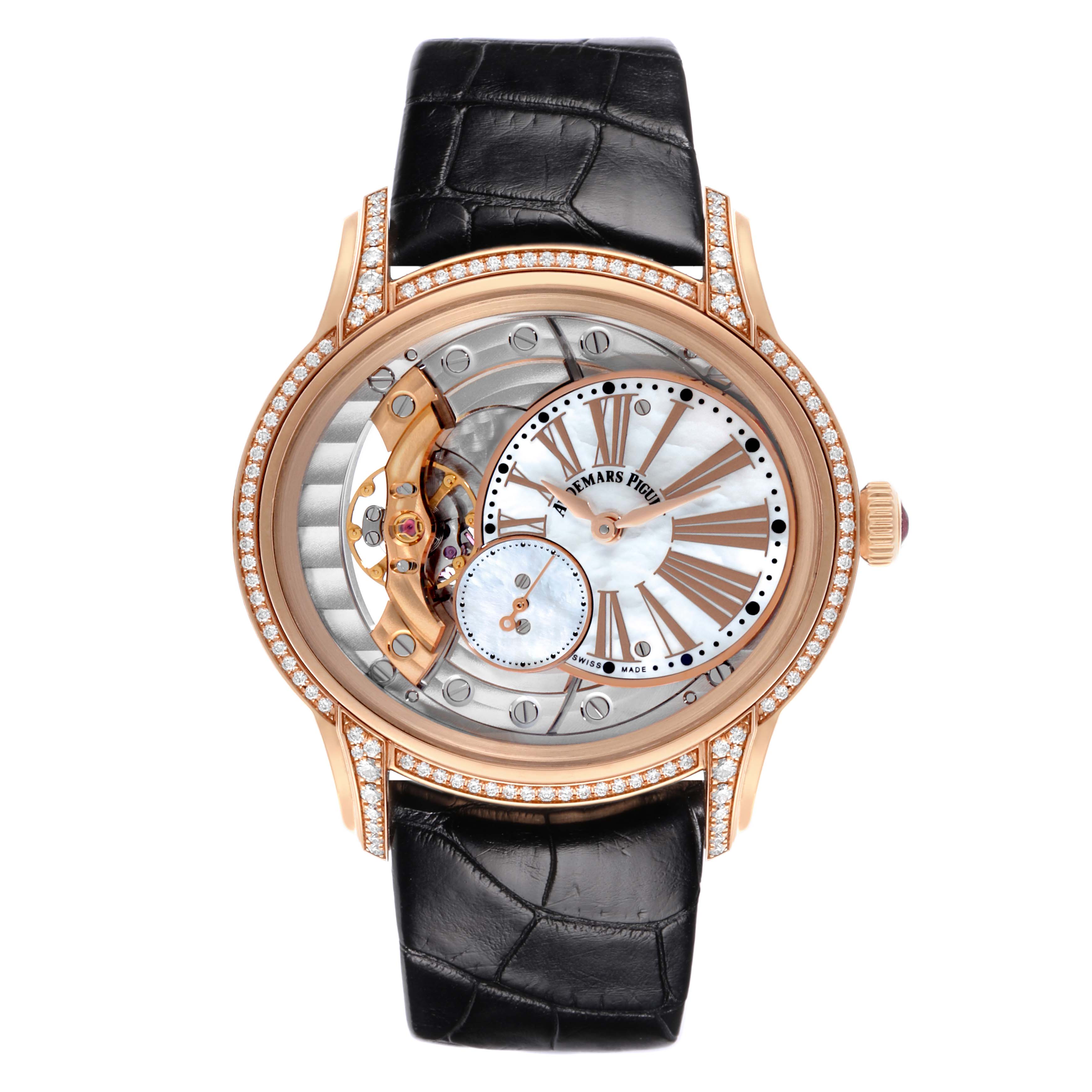 The Audemars Piguet Millenary 77247OR Women's Rose Gold Mother of Pearl Dial 77247OR Women's Rose Gold Mother of Pearl Dial watch is shown from a front angle, highlighting its oval case, open dial, and visible mechanics.