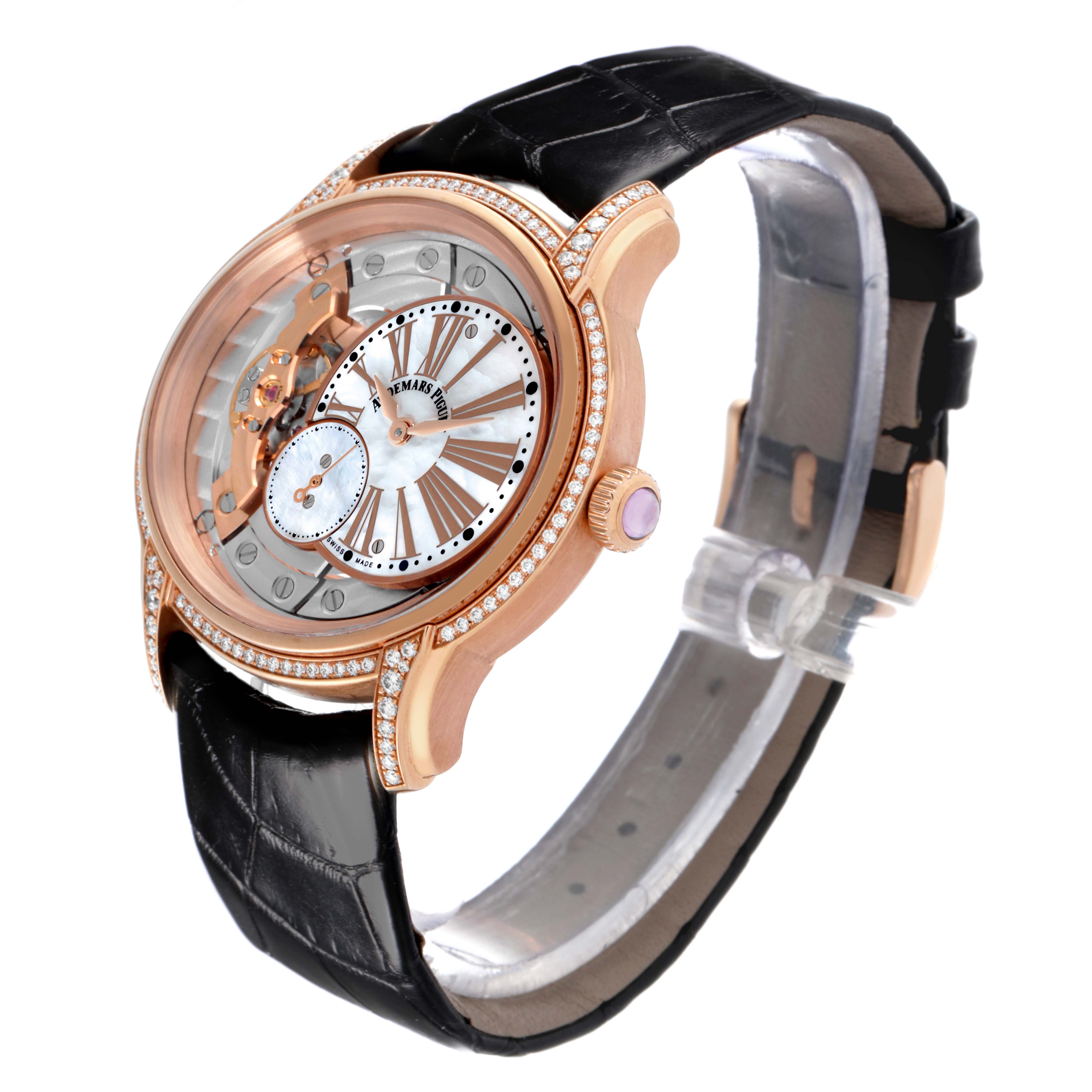 The Audemars Piguet Millenary 77247OR Women's Rose Gold Mother of Pearl Dial 77247OR Women's Rose Gold Mother of Pearl Dial watch is shown at a slight side angle, highlighting its dial, case, crown, and strap.