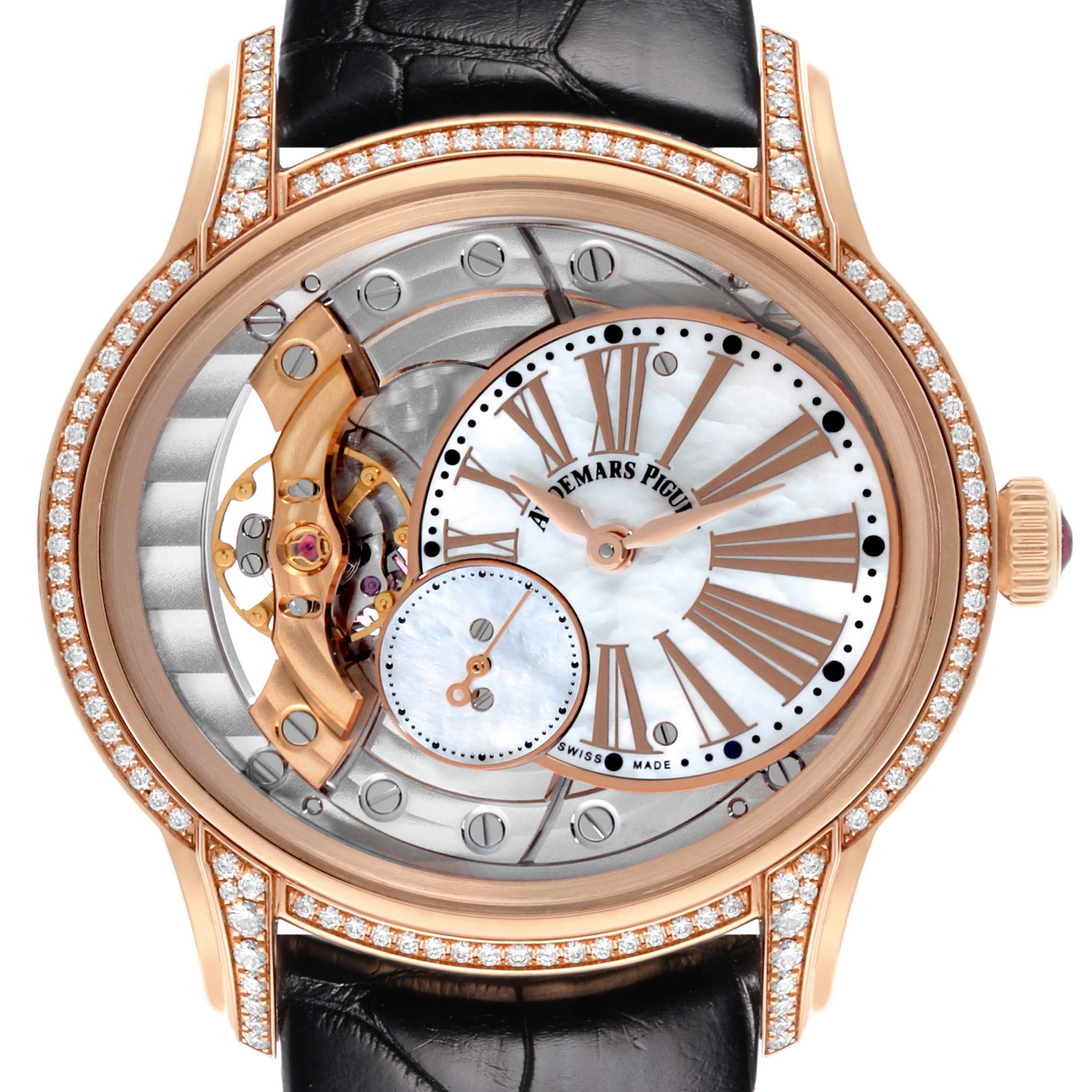 The Audemars Piguet Millenary 77247OR Women's Rose Gold Mother of Pearl Dial 77247OR Women's Rose Gold Mother of Pearl Dial watch is shown from the front, highlighting its oval case, Roman numeral dial, and exposed mechanics.