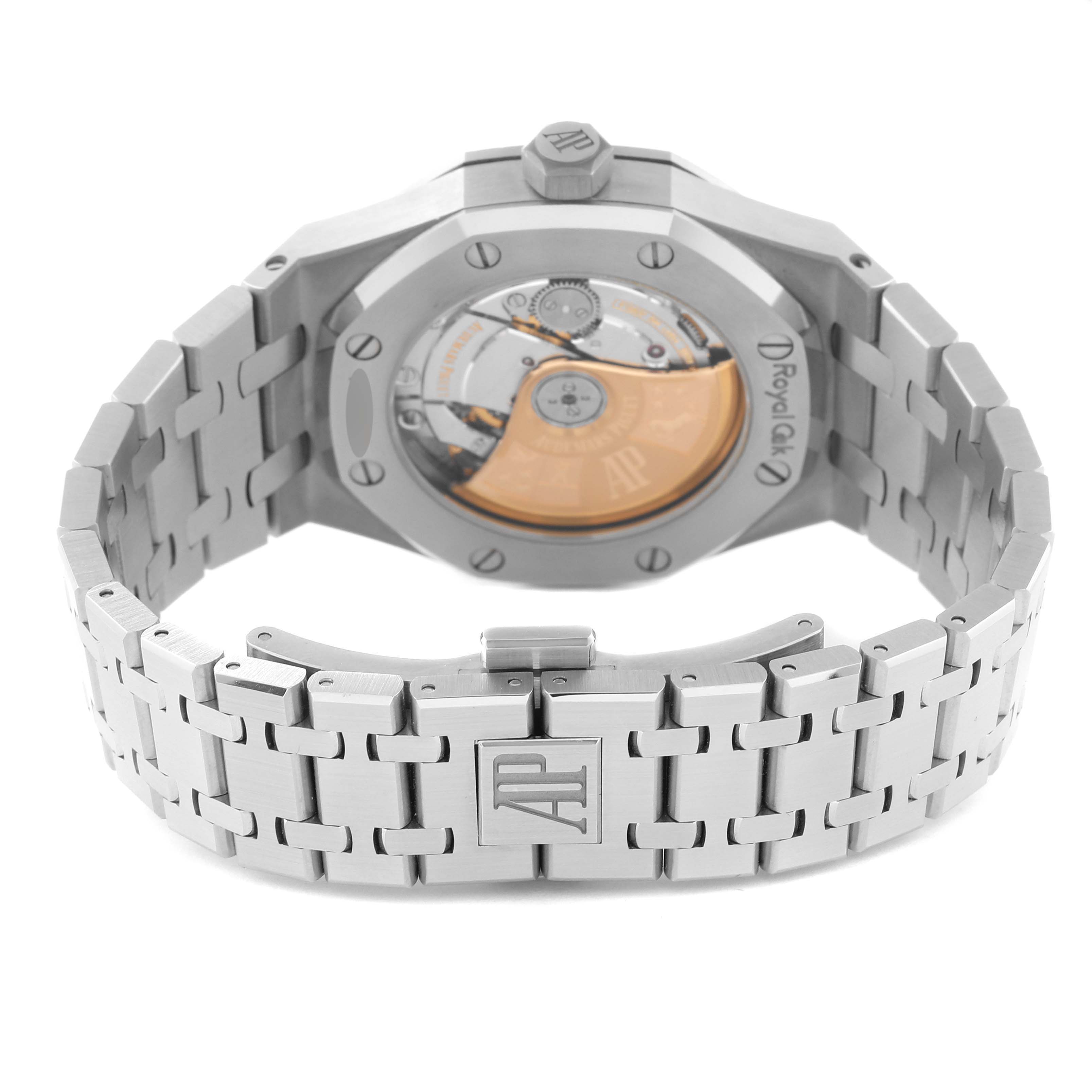 The image shows the back view of an Audemars Piguet Royal Oak 15450ST Men's Stainless Steel Grey Dial 15450ST Men's Stainless Steel Grey Dial watch highlighting its open case back and bracelet.