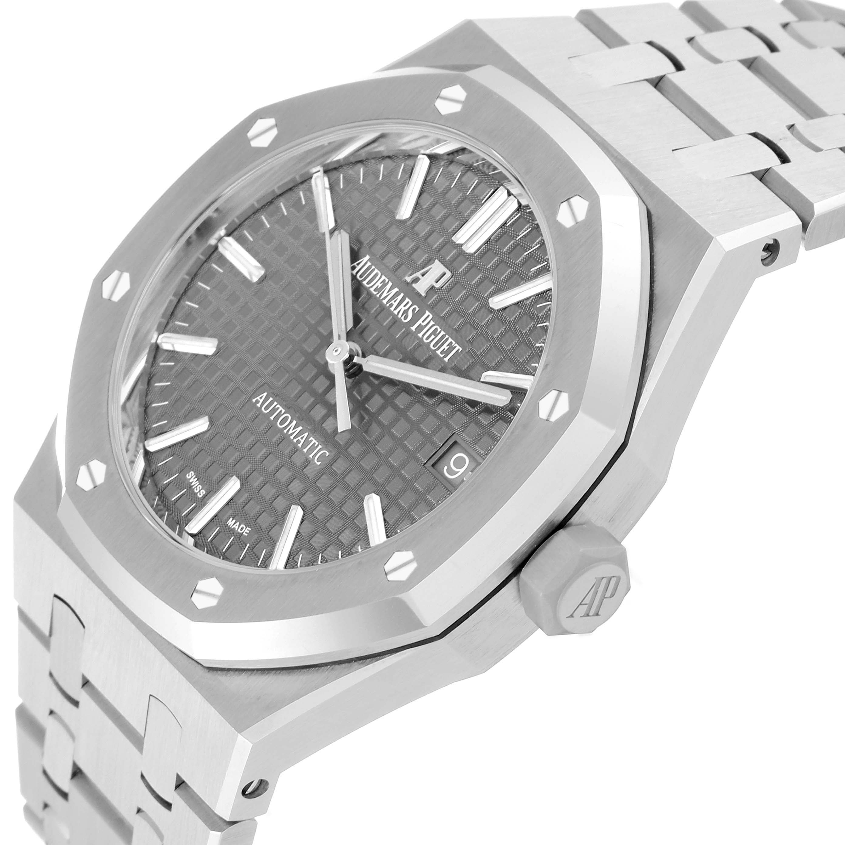 The image shows an angled view of the Audemars Piguet Royal Oak 15450ST Men's Stainless Steel Grey Dial 15450ST Men's Stainless Steel Grey Dial watch, highlighting its octagonal bezel, gray textured dial, and stainless steel bracelet.