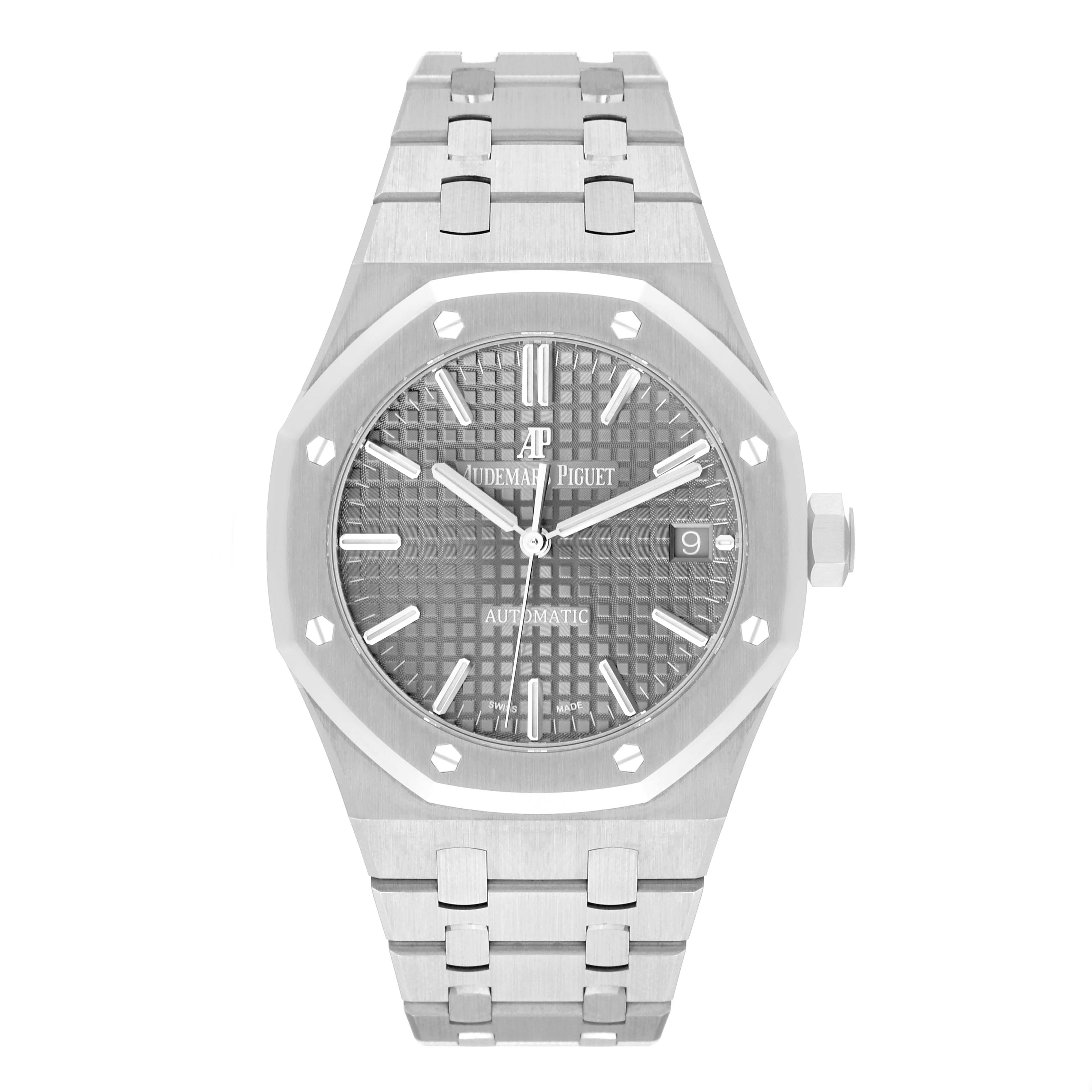 This image shows a front view of the Royal Oak watch by Audemars Piguet, displaying the dial, case, and bracelet.