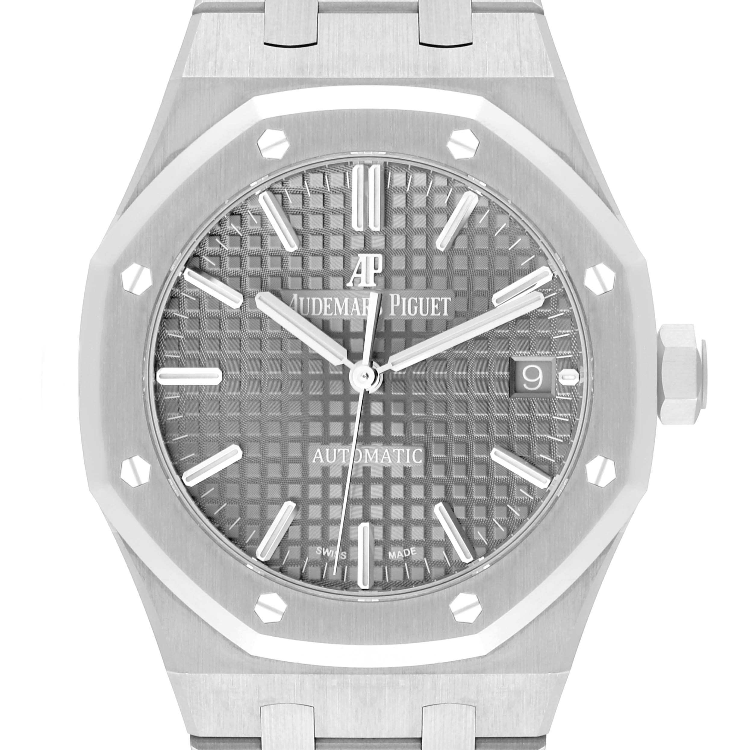 The image shows a front view of the Audemars Piguet Royal Oak 15450ST Men's Stainless Steel Grey Dial 15450ST Men's Stainless Steel Grey Dial watch, including the dial, hands, date window, and part of the bracelet.