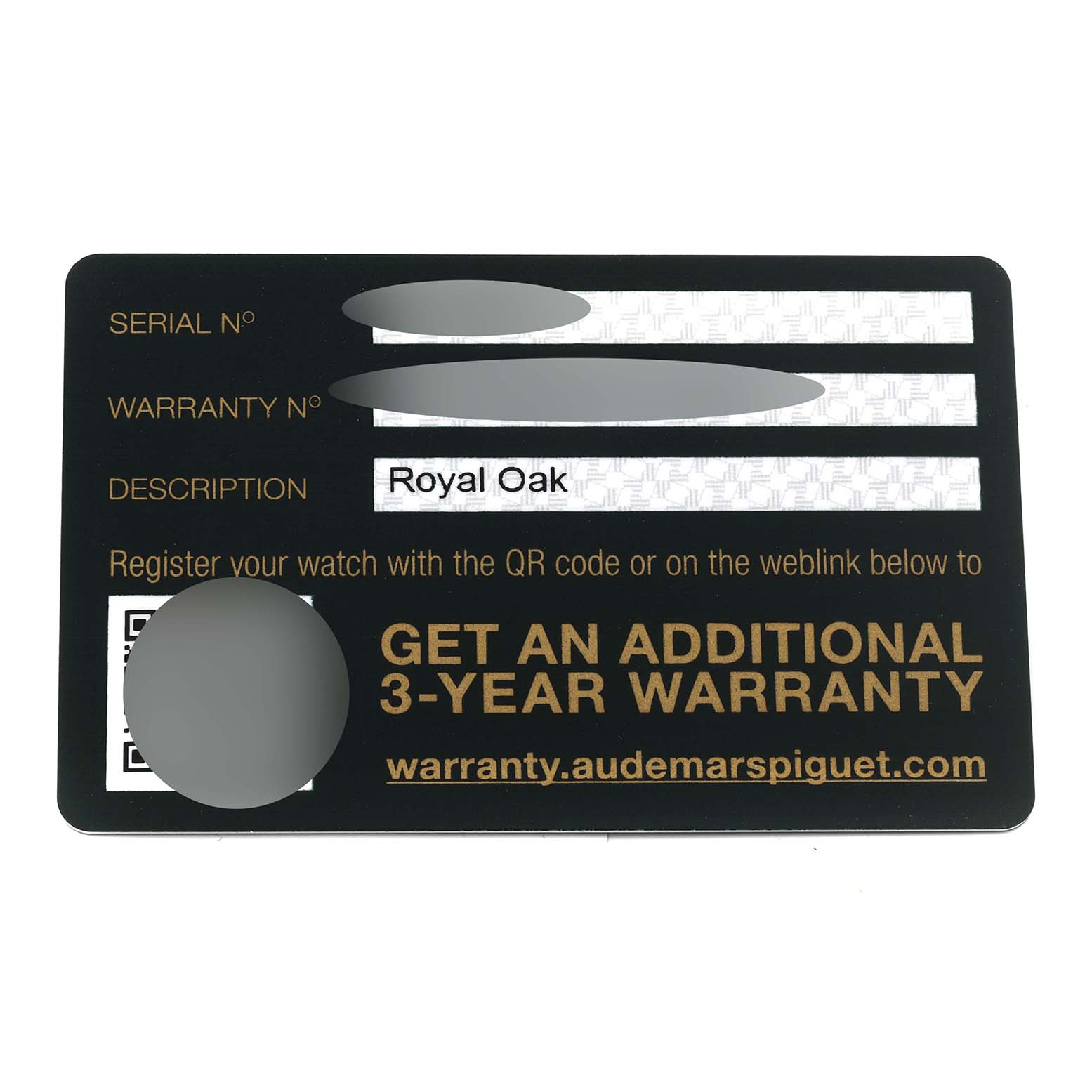 This image shows the warranty card for an Audemars Piguet Royal Oak 15450ST Men's Stainless Steel Grey Dial 15450ST Men's Stainless Steel Grey Dial watch, with serial and warranty numbers obscured.