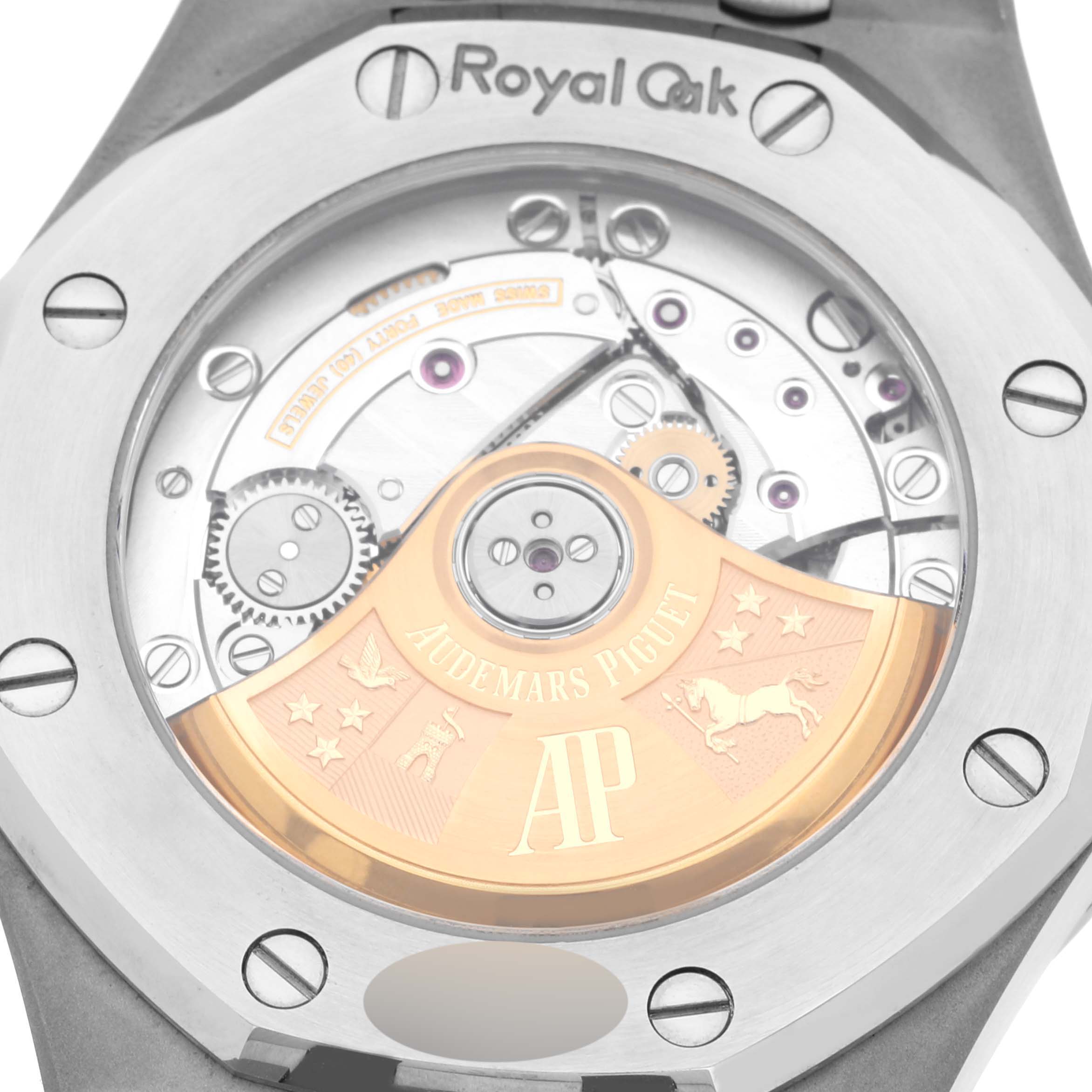 The image shows the back view of the Audemars Piguet Royal Oak 15450ST Men's Stainless Steel Grey Dial 15450ST Men's Stainless Steel Grey Dial watch, revealing the movement and rotor.