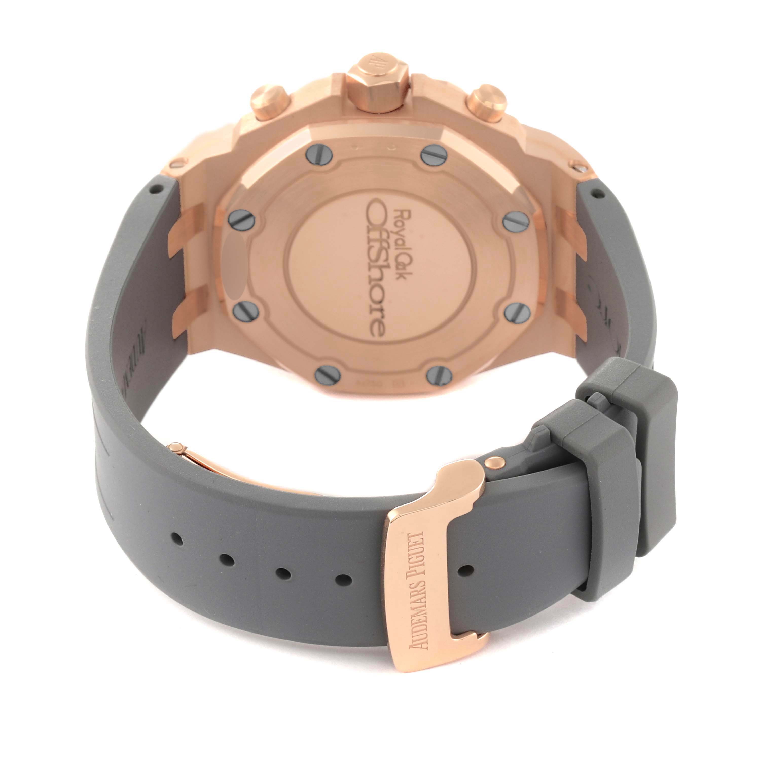 This image shows the back side and clasp of an Audemars Piguet Royal Oak Offshore 26231OR.ZZ.D003CA.01 Women's Rose Gold Silver Dial 26231OR.ZZ.D003CA.01 Women's Rose Gold Silver Dial watch.