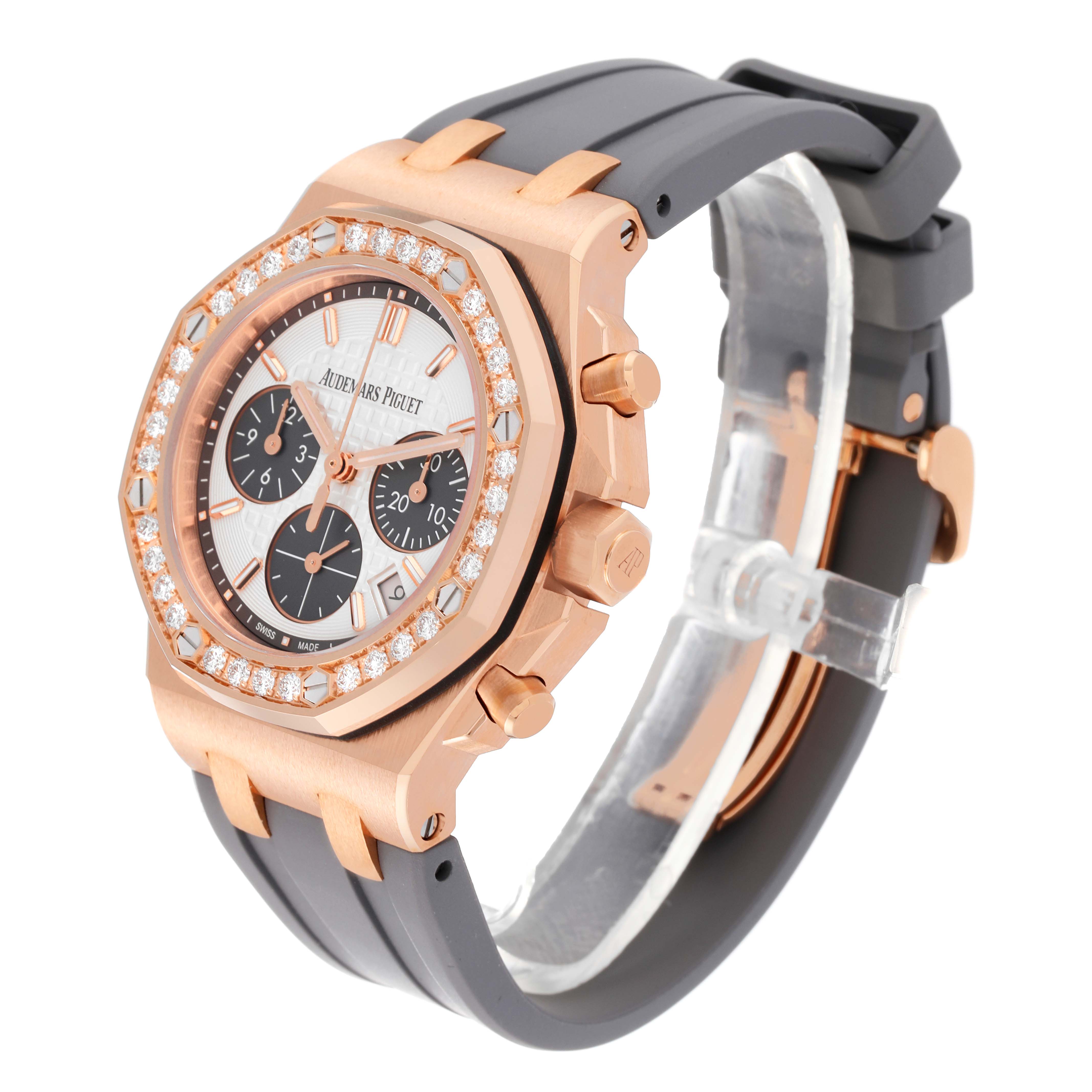 This is an angled view of an Audemars Piguet Royal Oak Offshore 26231OR.ZZ.D003CA.01 Women's Rose Gold Silver Dial 26231OR.ZZ.D003CA.01 Women's Rose Gold Silver Dial watch showing the face, bezel, and band.