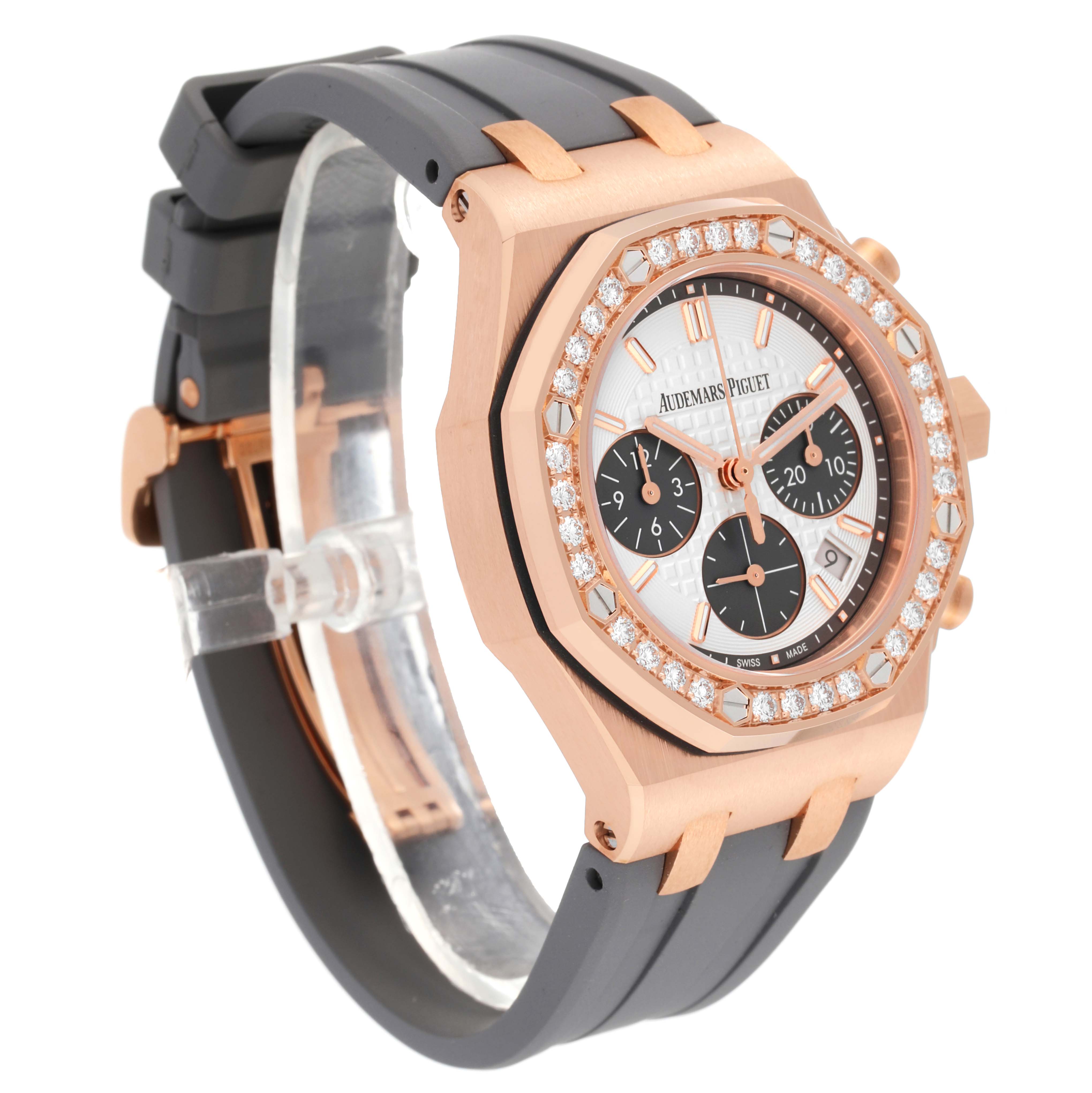 The image shows a side angle of the Audemars Piguet Royal Oak Offshore 26231OR.ZZ.D003CA.01 Women's Rose Gold Silver Dial 26231OR.ZZ.D003CA.01 Women's Rose Gold Silver Dial watch, displaying its face, bezel, and strap.