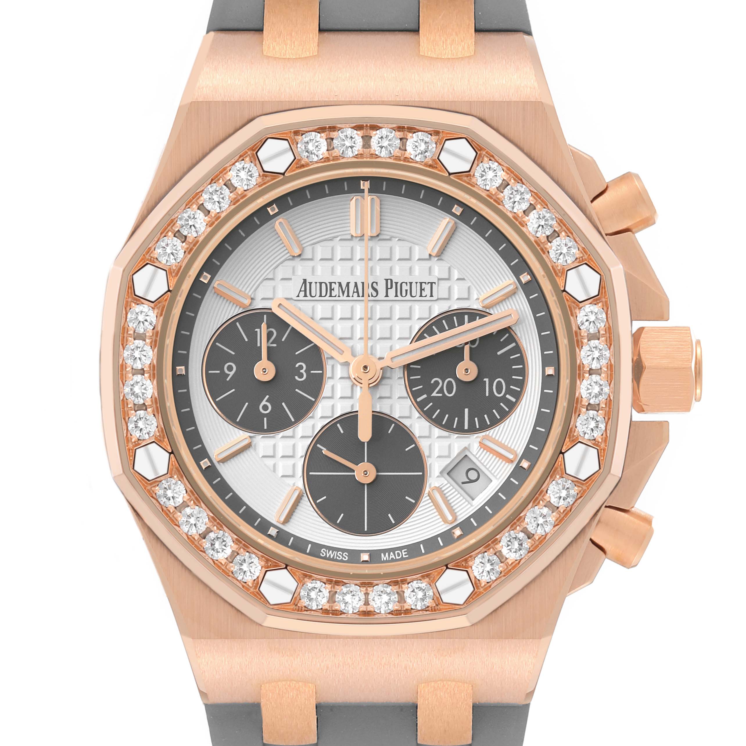 This image shows a front view of the Audemars Piguet Royal Oak Offshore 26231OR.ZZ.D003CA.01 Women's Rose Gold Silver Dial 26231OR.ZZ.D003CA.01 Women's Rose Gold Silver Dial model, highlighting the bezel, dial, and subdials.