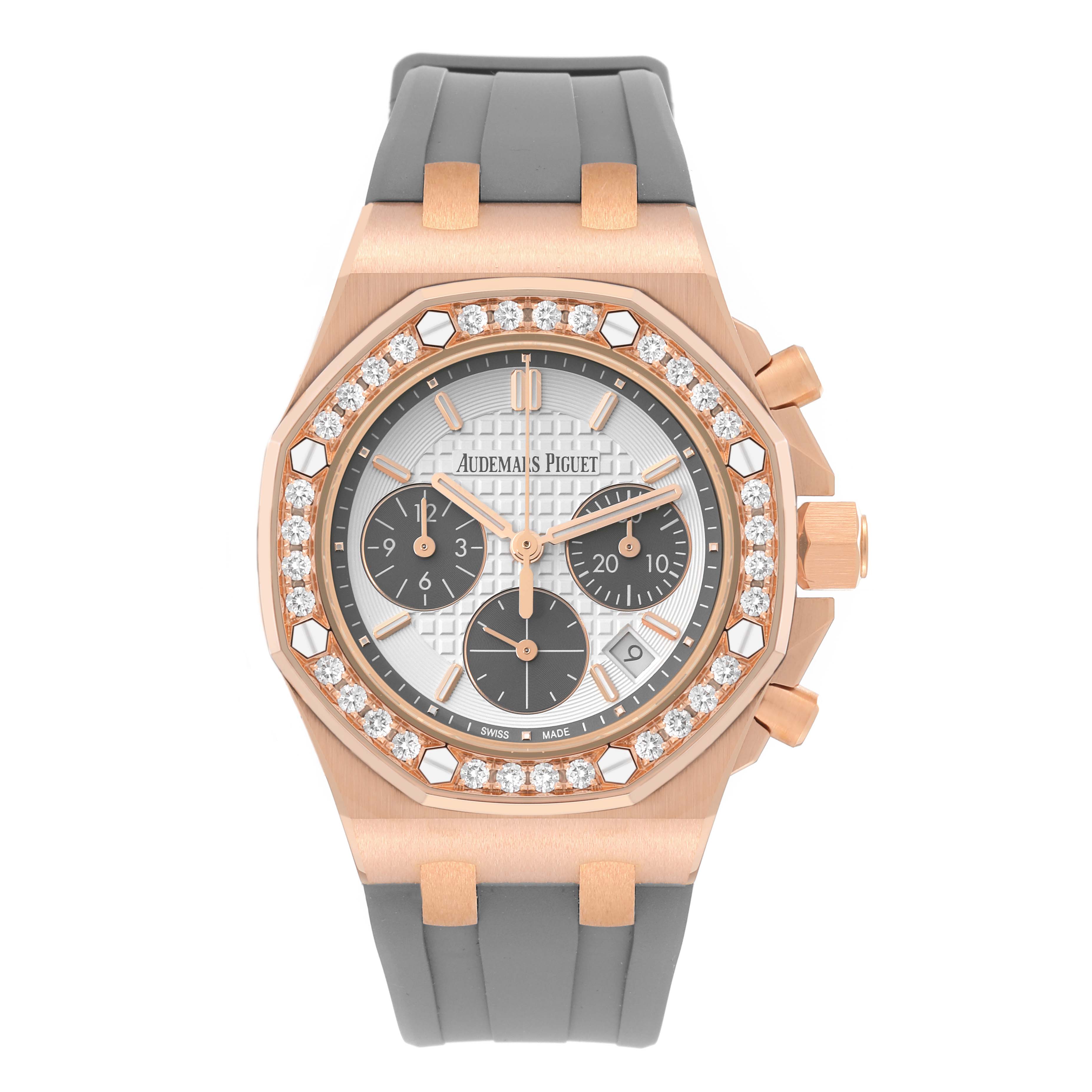 The image shows a front view of an Audemars Piguet Royal Oak Offshore 26231OR.ZZ.D003CA.01 Women's Rose Gold Silver Dial 26231OR.ZZ.D003CA.01 Women's Rose Gold Silver Dial watch, highlighting the bezel, dial, and strap.