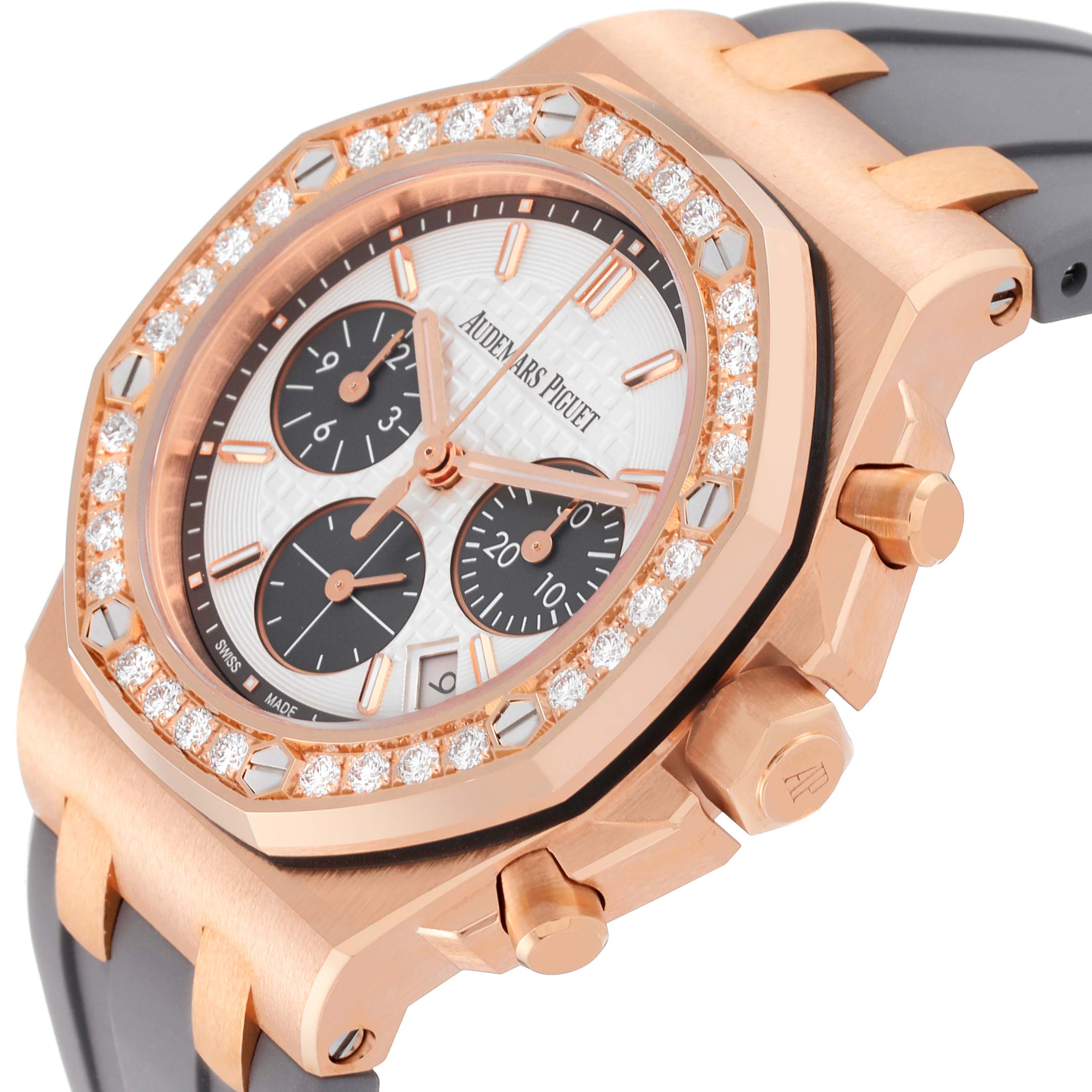 The image shows a close-up angle of the Audemars Piguet Royal Oak Offshore 26231OR.ZZ.D003CA.01 Women's Rose Gold Silver Dial 26231OR.ZZ.D003CA.01 Women's Rose Gold Silver Dial watch, displaying its dial, bezel, crown, and part of the strap.