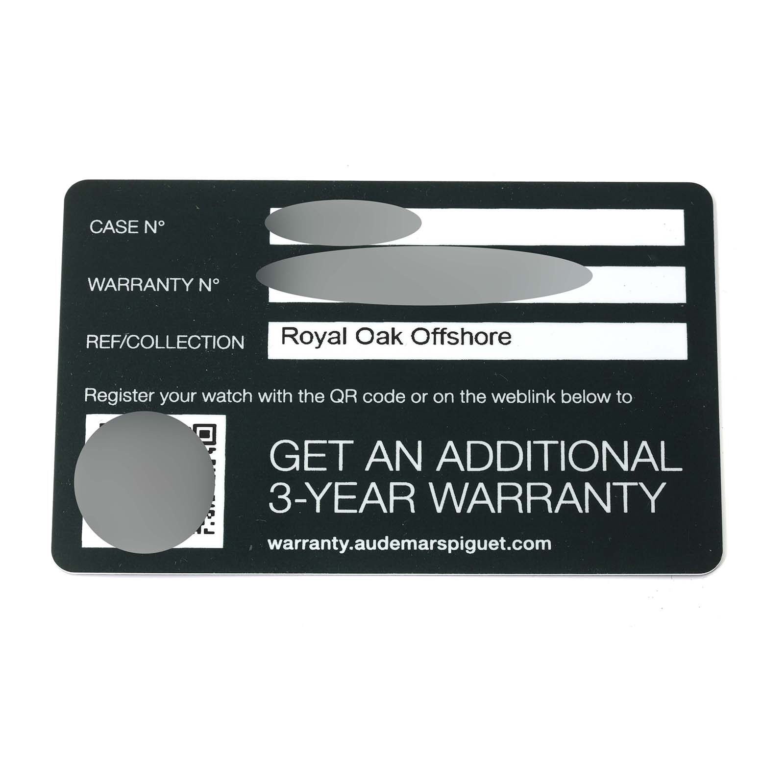 This image shows a warranty card for the Audemars Piguet Royal Oak Offshore 26231OR.ZZ.D003CA.01 Women's Rose Gold Silver Dial 26231OR.ZZ.D003CA.01 Women's Rose Gold Silver Dial model.