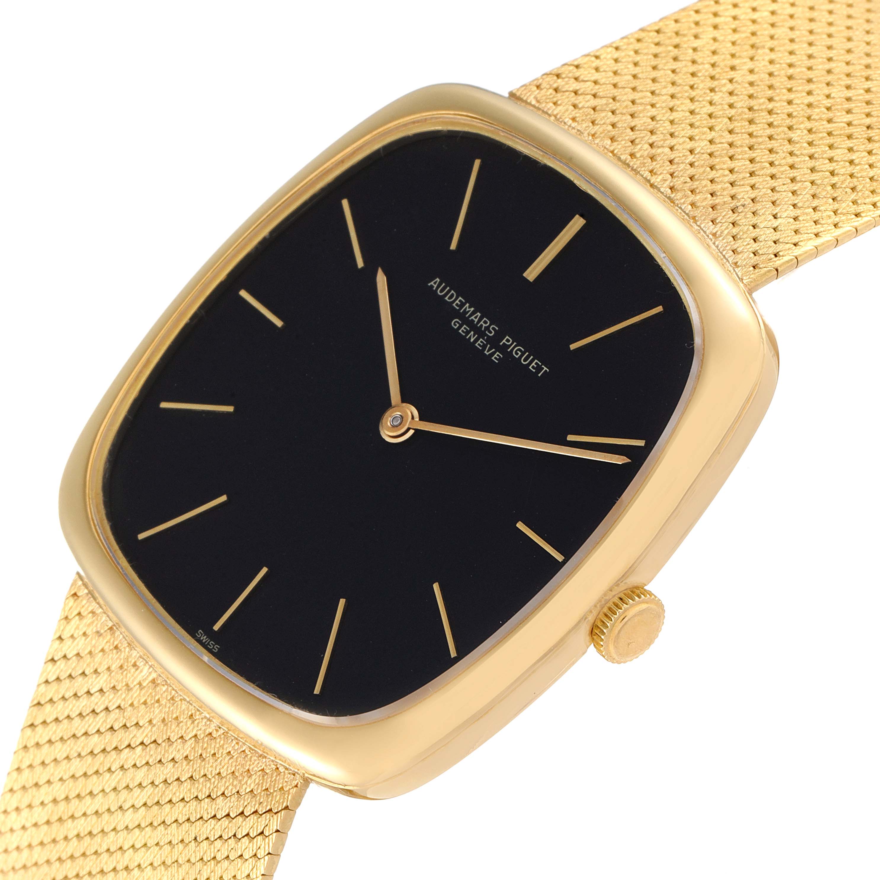 The image shows a gold rectangular Audemars Piguet Vintage Men's Yellow Gold Black Dial Men's Yellow Gold Black Dial watch, displaying the dial, crown, and part of the gold mesh strap at an angle.