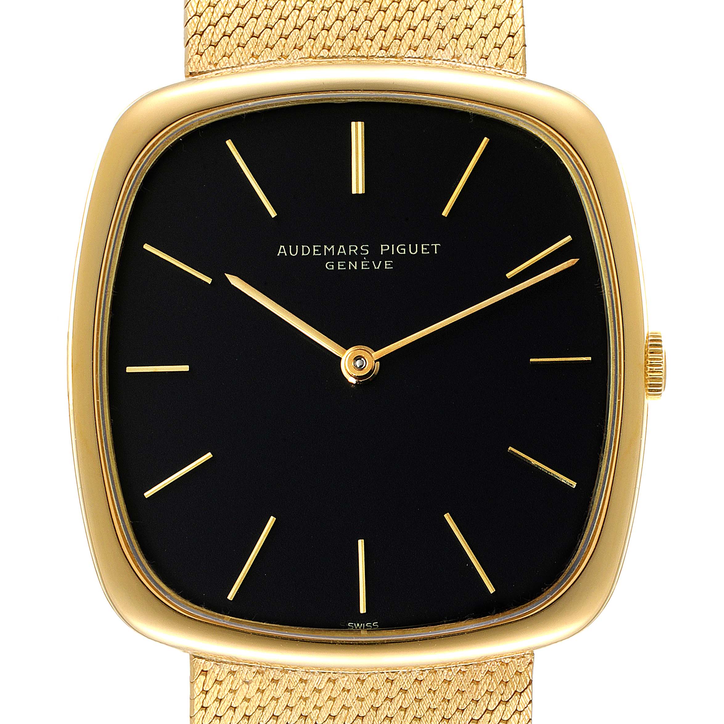 This image shows the front view of a Vintage Audemars Piguet watch, highlighting its gold case, black dial, and minimalist markers.