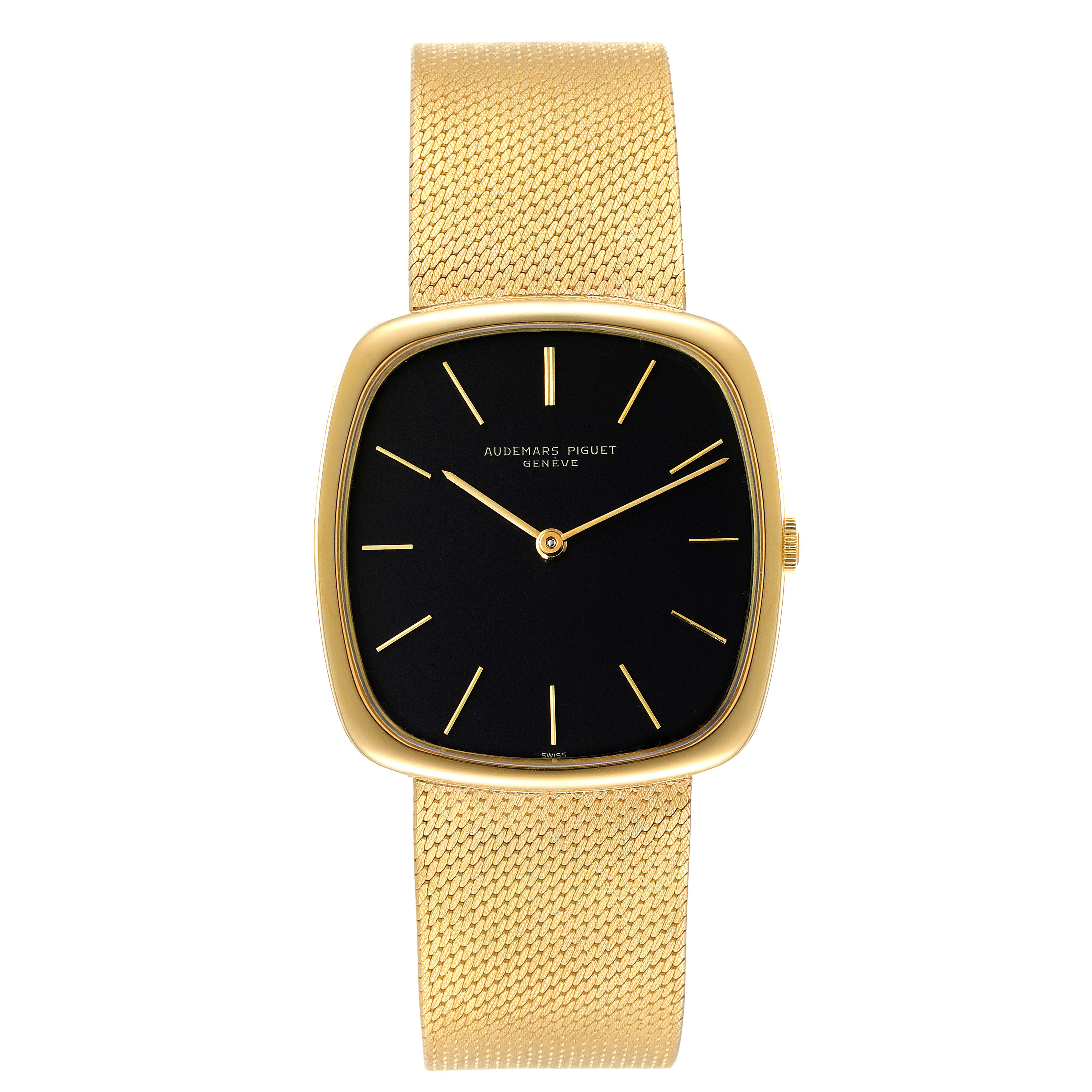 The image shows a front view of a Vintage Audemars Piguet watch with a gold mesh strap and a black dial.