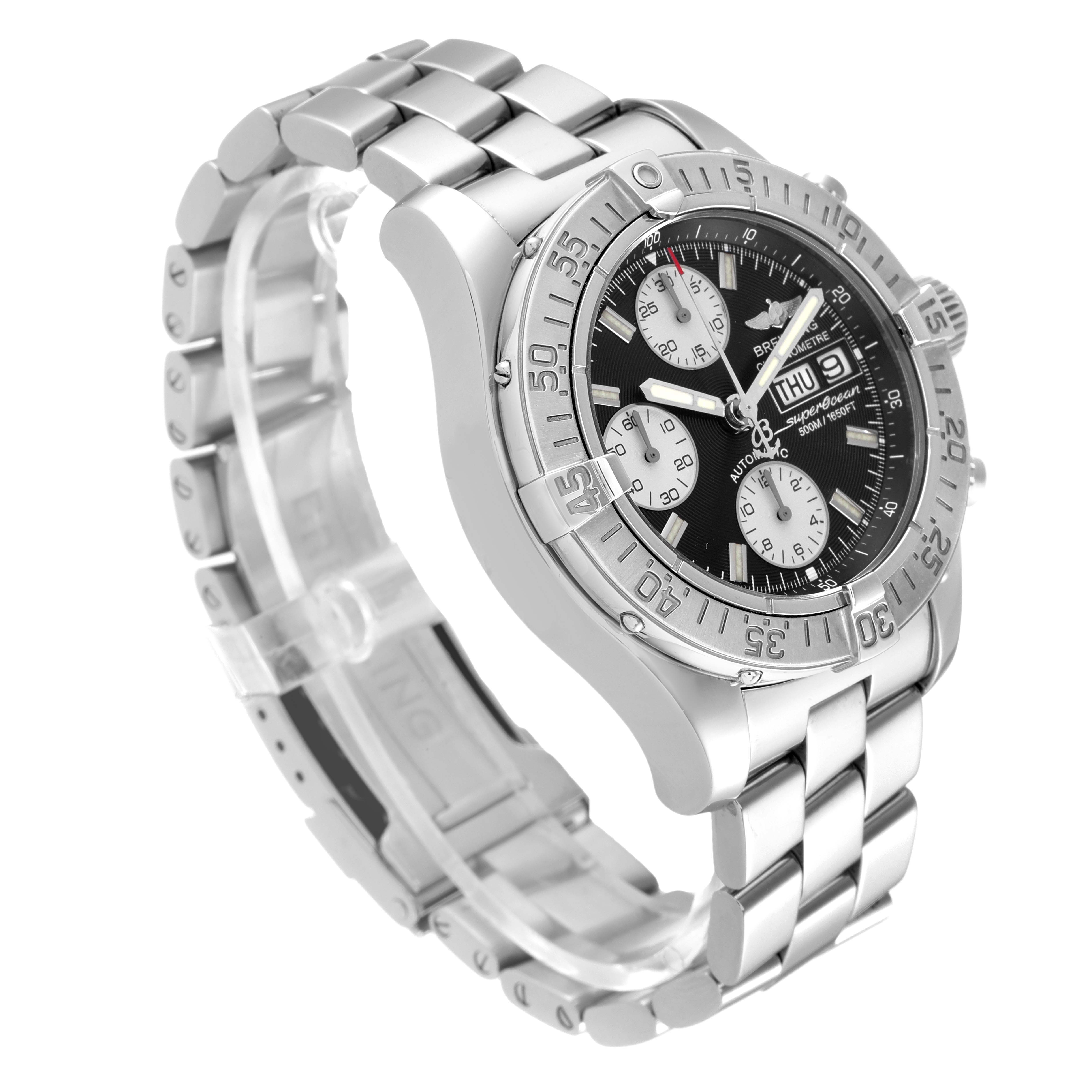 The image shows a Breitling Superocean A13340 Men's Stainless Steel Black Dial A13340 Men's Stainless Steel Black Dial watch in a 3/4 angle view, highlighting the bracelet, bezel, and detailed face with subdials.