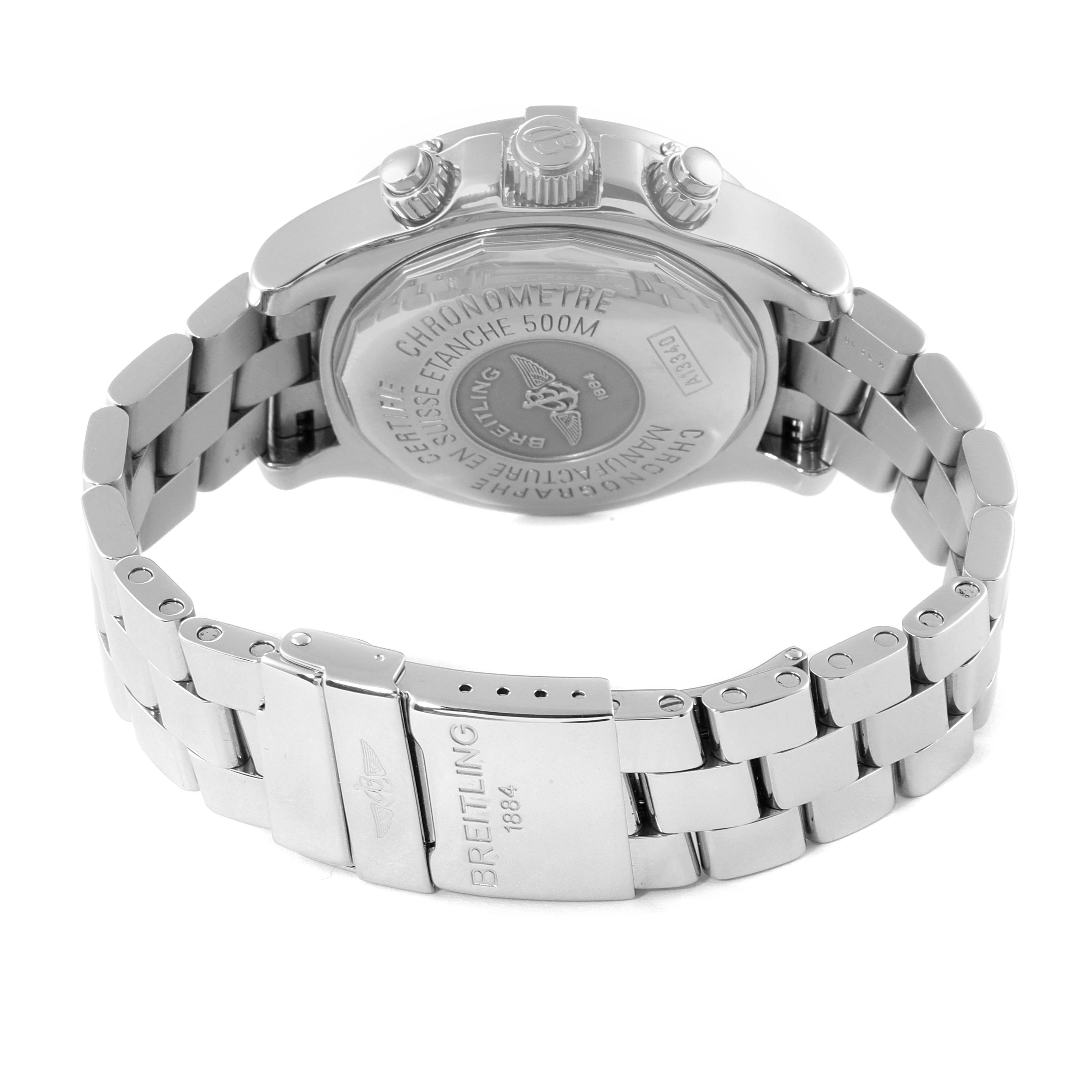 This image shows the back case and bracelet of a Breitling Superocean A13340 Men's Stainless Steel Black Dial A13340 Men's Stainless Steel Black Dial watch at an angled rear view.