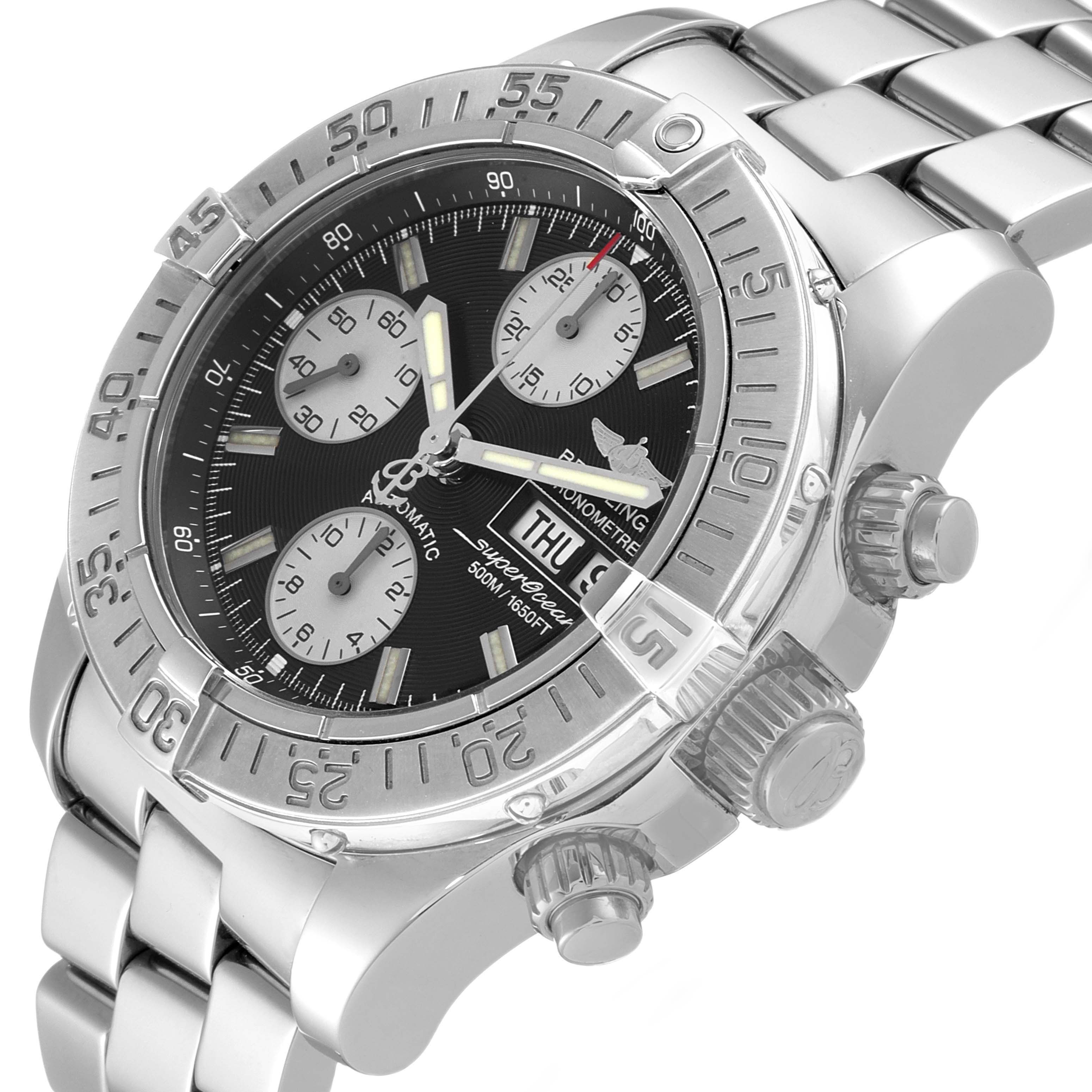 The Breitling Superocean A13340 Men's Stainless Steel Black Dial A13340 Men's Stainless Steel Black Dial watch is shown at an angle highlighting the dial, bezel, crown, and part of the bracelet.