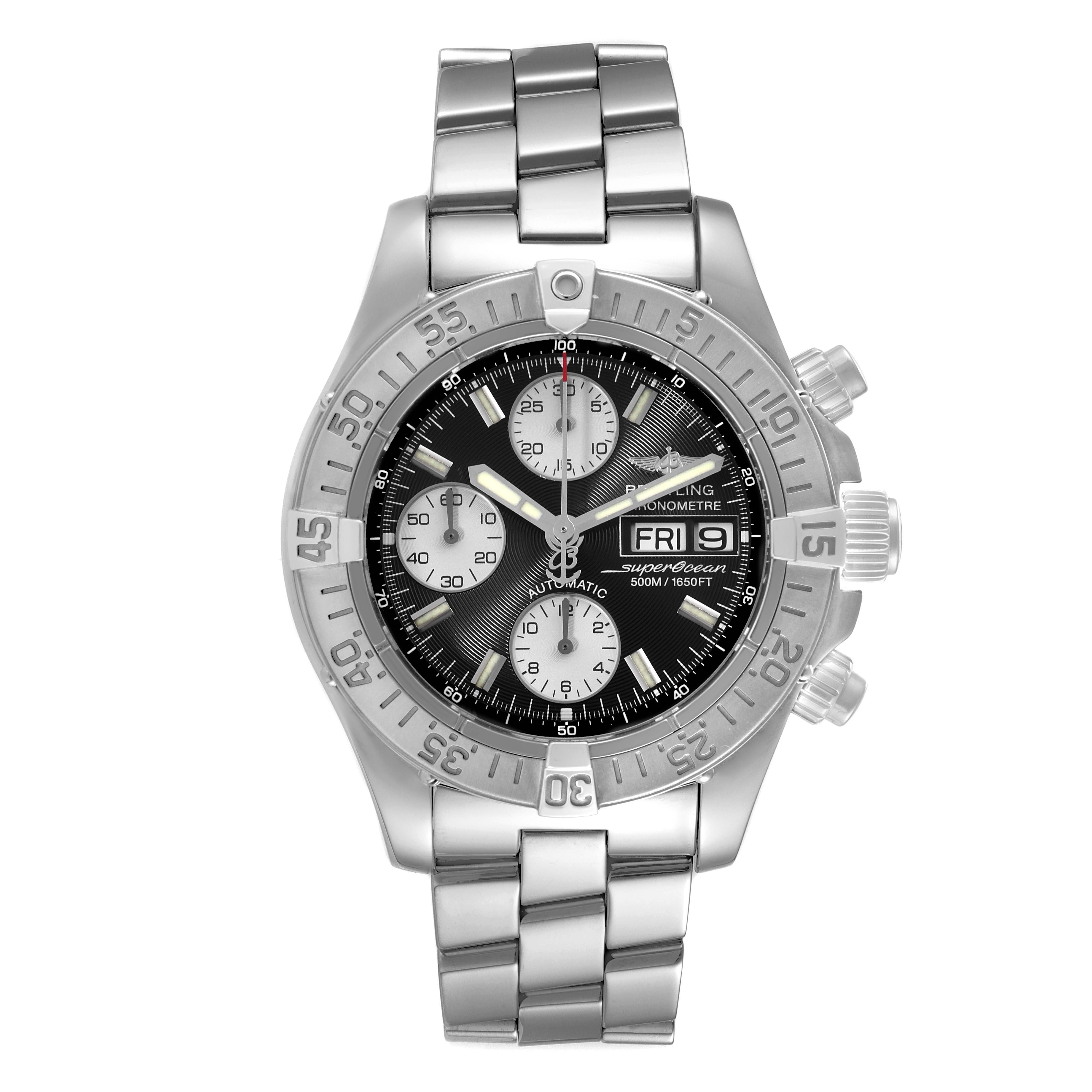 The Breitling Superocean A13340 Men's Stainless Steel Black Dial A13340 Men's Stainless Steel Black Dial watch is shown from a front angle, displaying its face, bezel, and stainless steel bracelet.