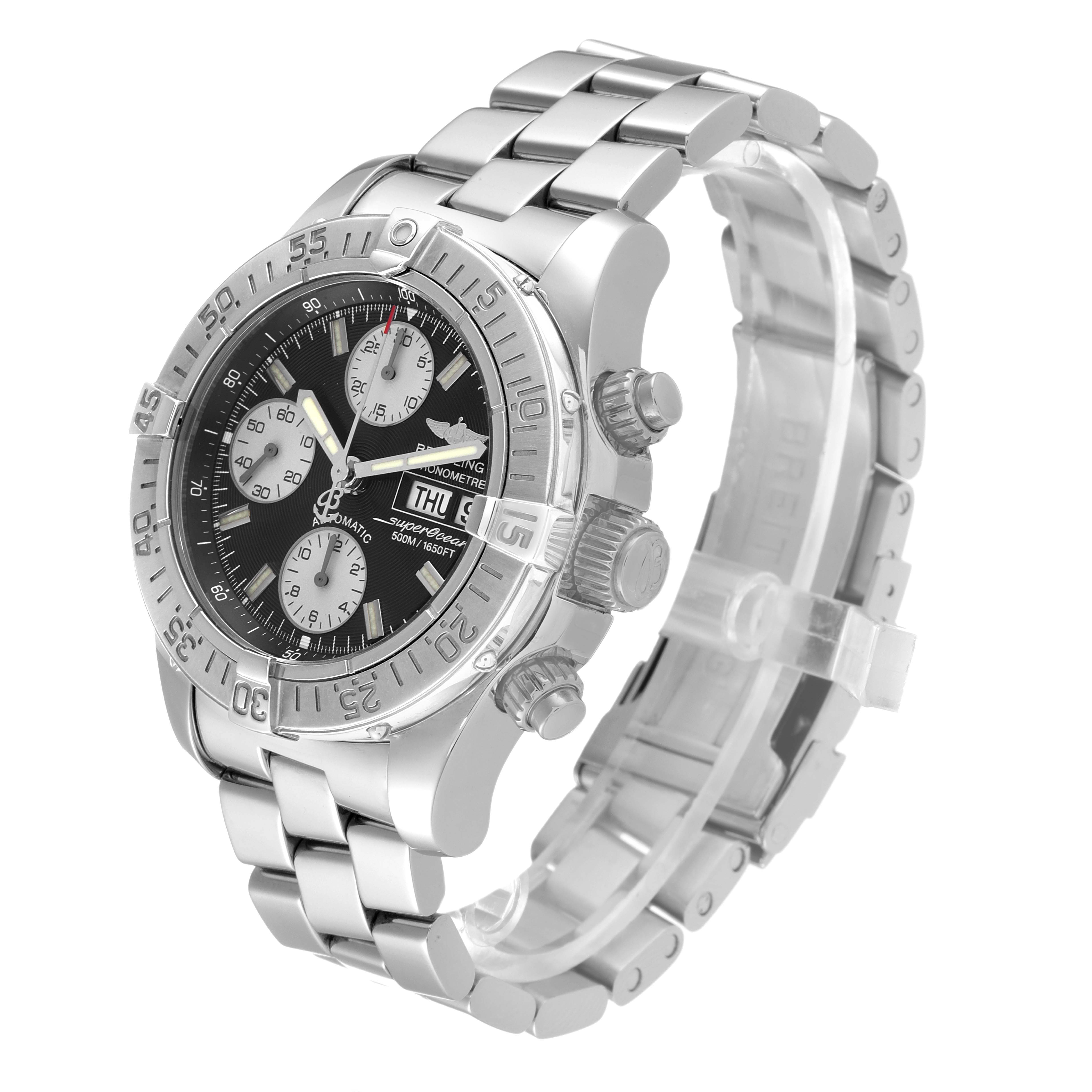 The image shows a side-angle view of a Breitling Superocean A13340 Men's Stainless Steel Black Dial A13340 Men's Stainless Steel Black Dial watch, displaying its bezel, dial, chronograph, and metal bracelet.