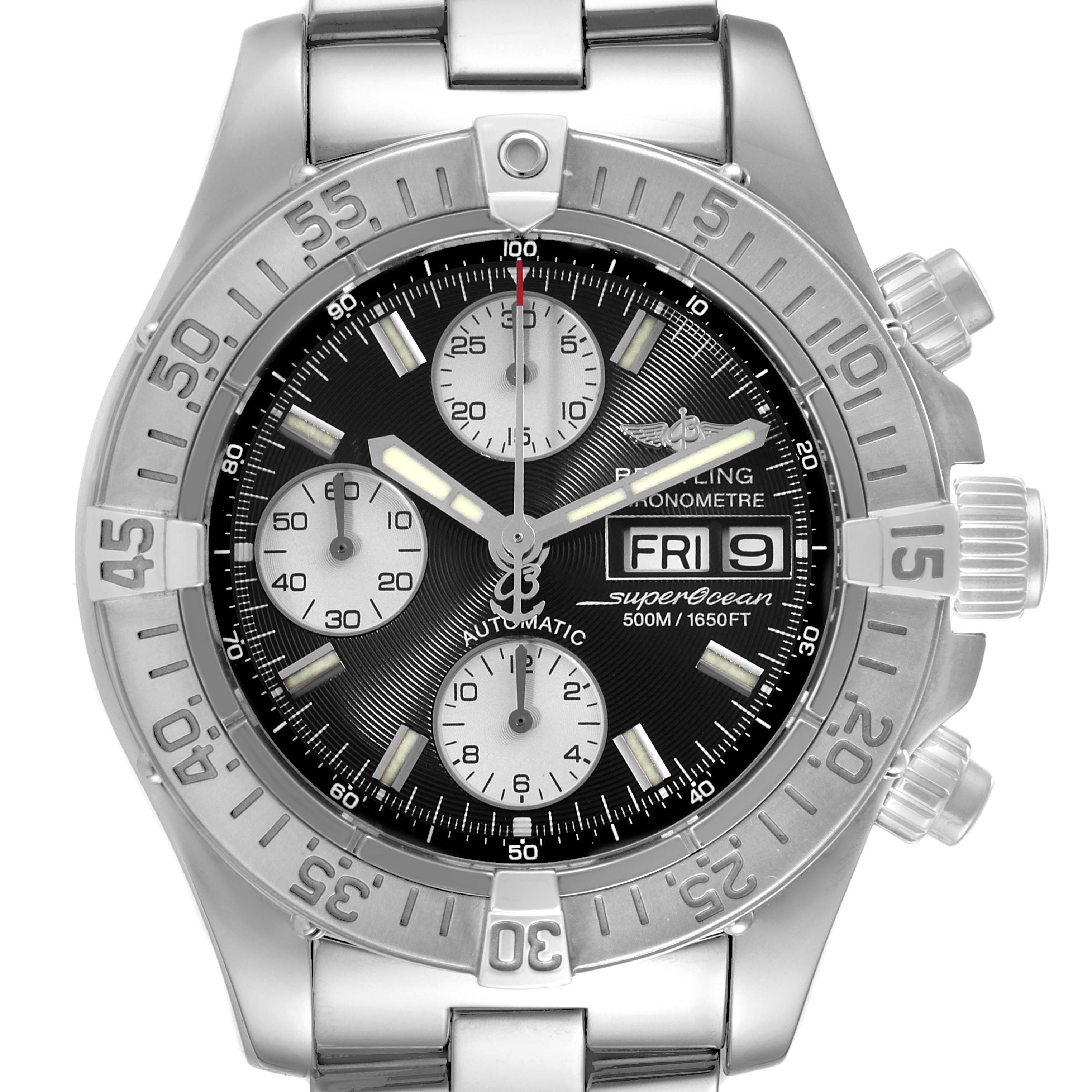The image shows a Breitling Superocean A13340 Men's Stainless Steel Black Dial A13340 Men's Stainless Steel Black Dial watch from the front, displaying its chronograph, date, and day functions.