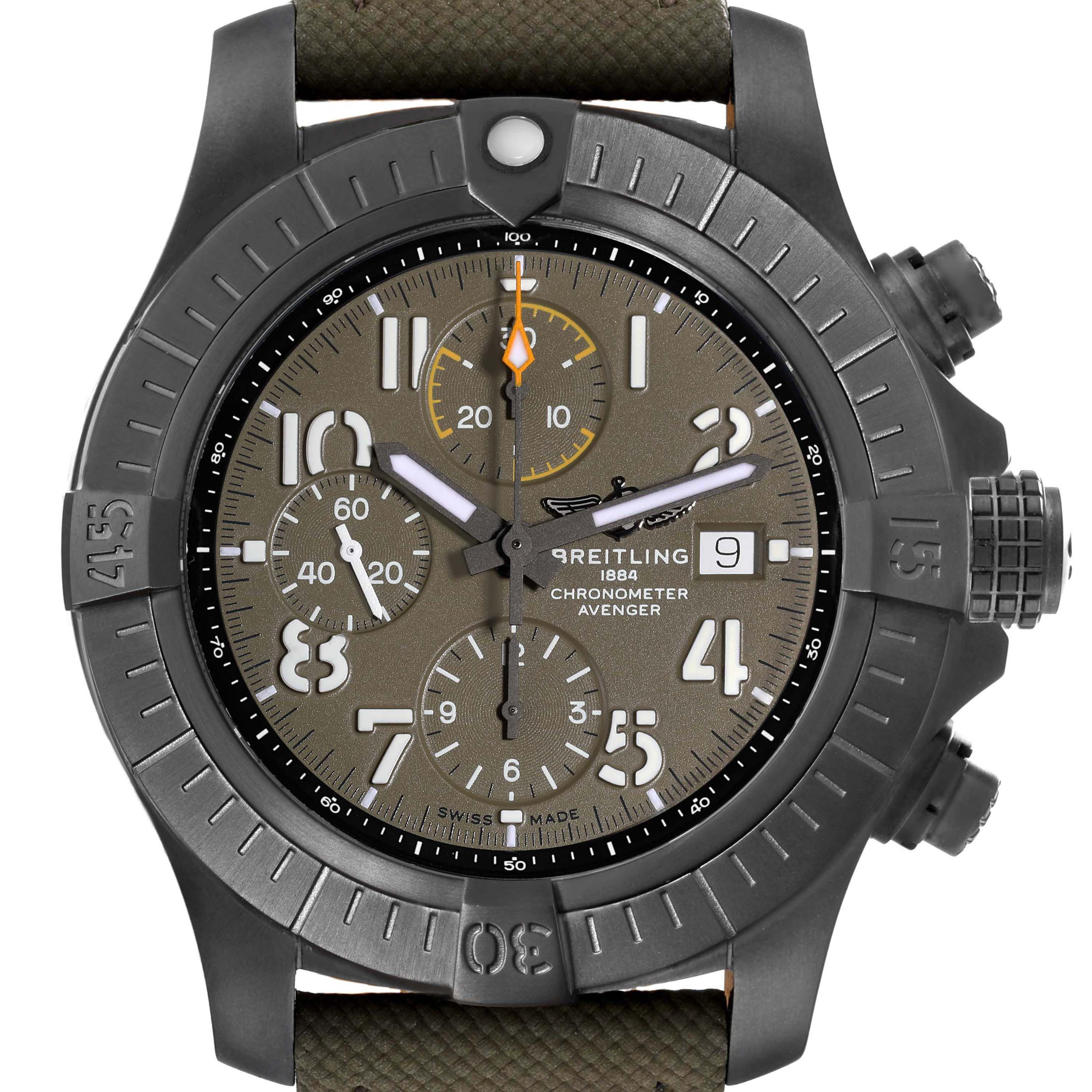The Breitling Avenger V13317 Men's Titanium Black Dial V13317 Men's Titanium Black Dial watch is shown from the front, displaying the dial, bezel, and crown.