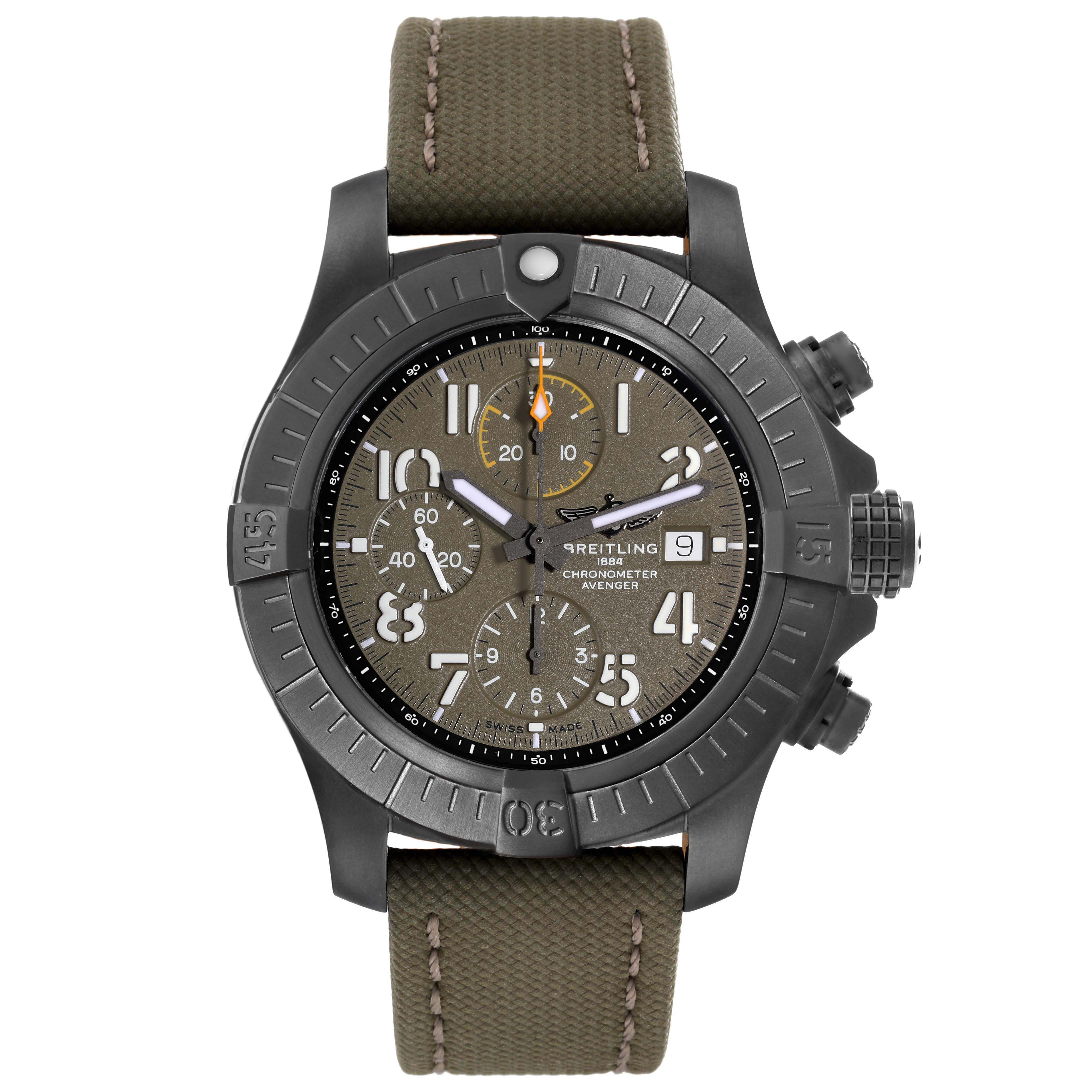 The Breitling Avenger V13317 Men's Titanium Black Dial V13317 Men's Titanium Black Dial watch is shown from the front, displaying the dial, bezel, crown, and strap.