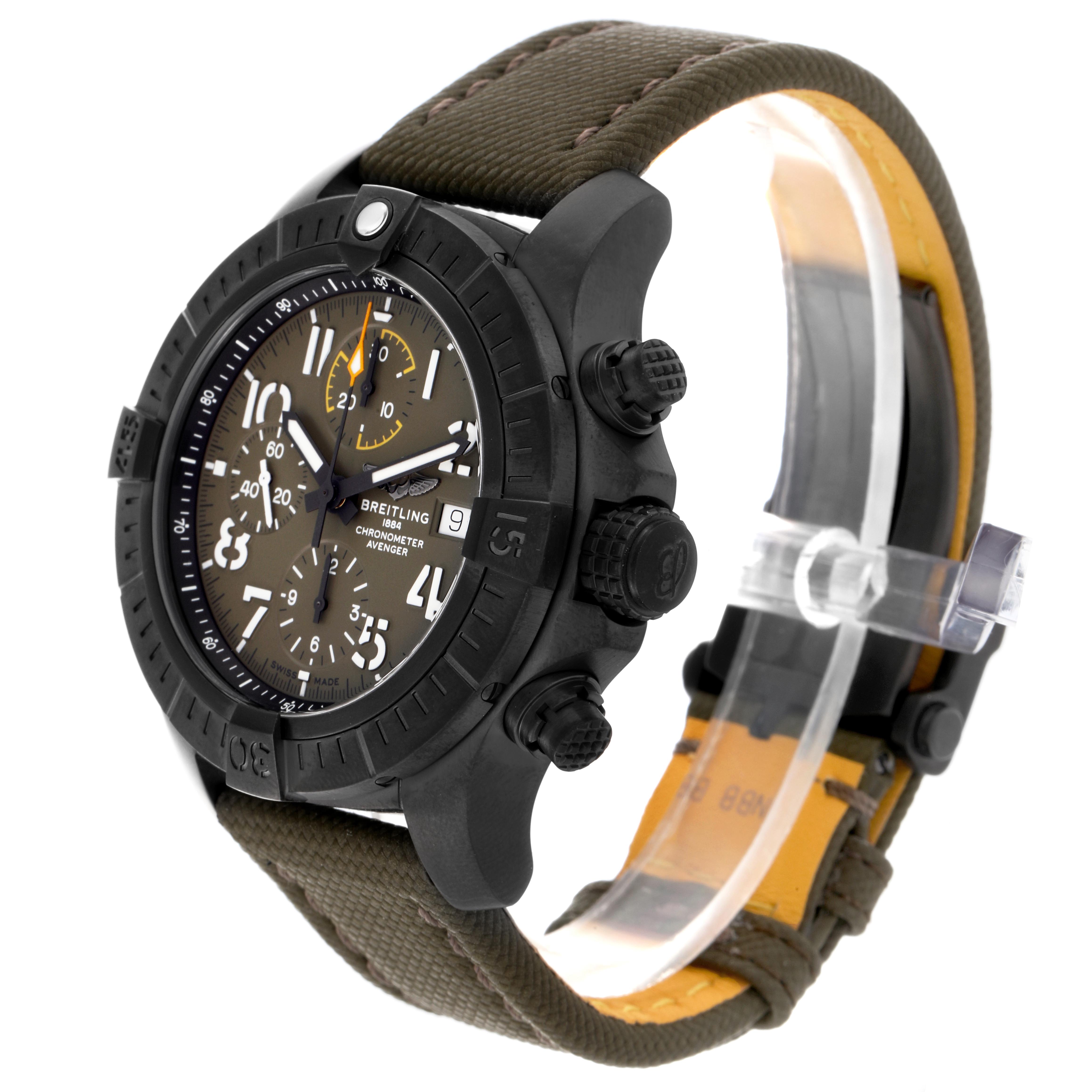 The Breitling Avenger V13317 Men's Titanium Black Dial V13317 Men's Titanium Black Dial watch is shown at an oblique angle, highlighting the face, bezel, crown, and strap details.