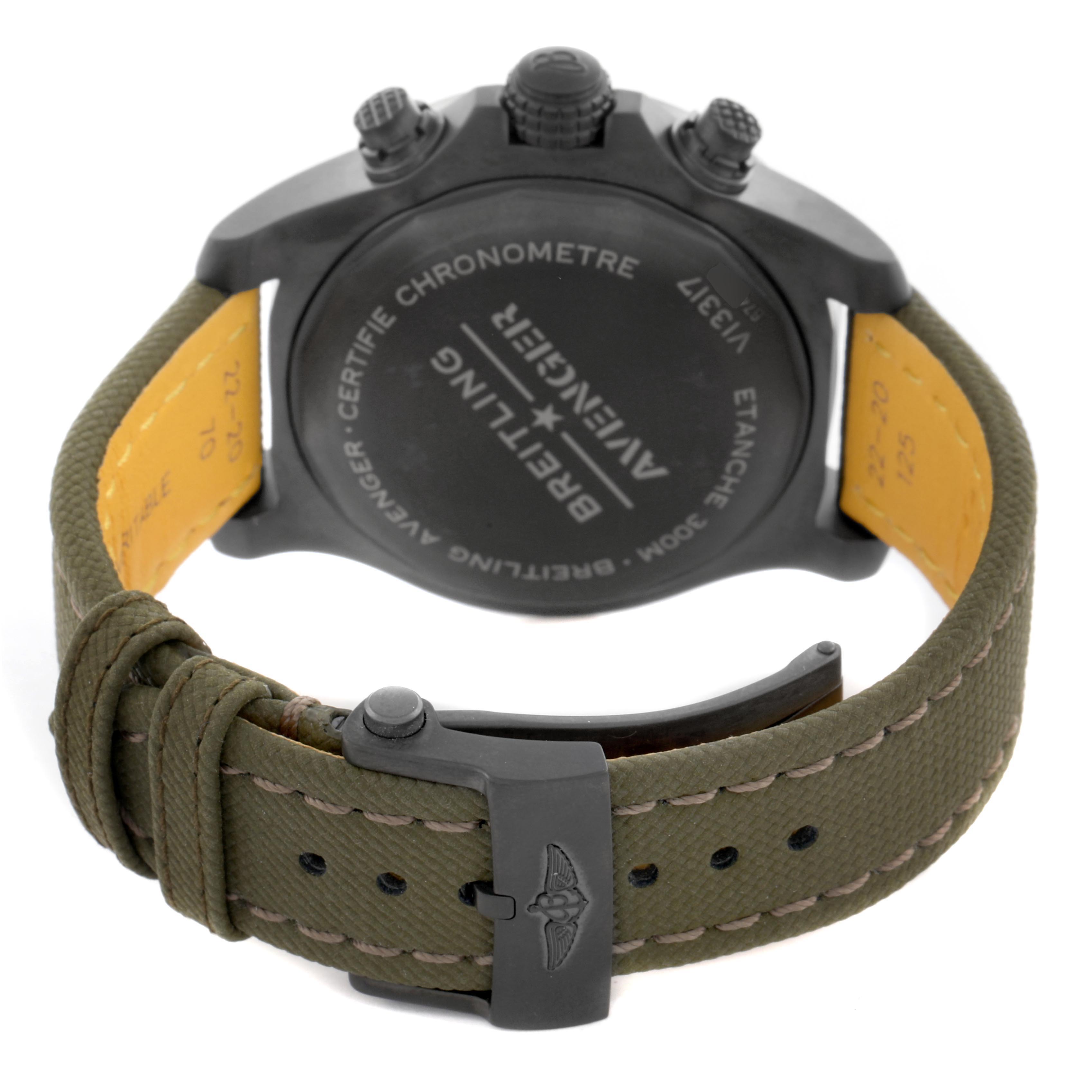 The image shows the back of the Breitling Avenger V13317 Men's Titanium Black Dial V13317 Men's Titanium Black Dial watch, highlighting its case back, strap, and buckle.